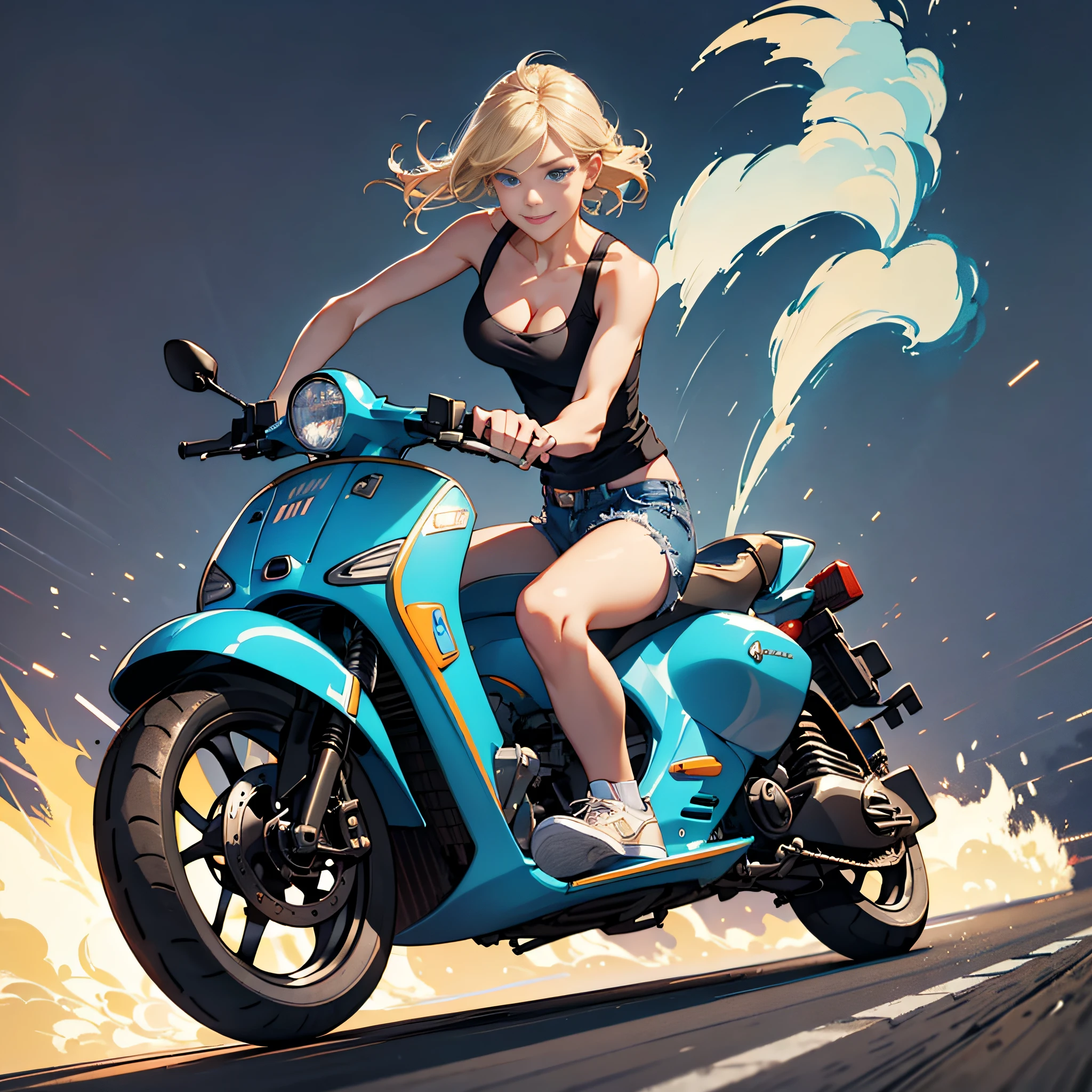{{masterpiece, best quality, extremely detailed CG, unity 8k wallpaper, cinematic lighting}}, 
A (speeding) Vespa (scooter) the Yokohama City with harbor at high speed,(slow motion:1.3),(Motion blur:1.3),(speed lines:1.4),sense of speed,
1girl, blonde short bob, smile, (medium breasts, cleavage),, white tank top:1.2, distressed denim shorts: 1.3, white basketball shoes:1.1, (blue eyes, double eyelids, long eyelashes),
Sparks and smoke coming out of tires,