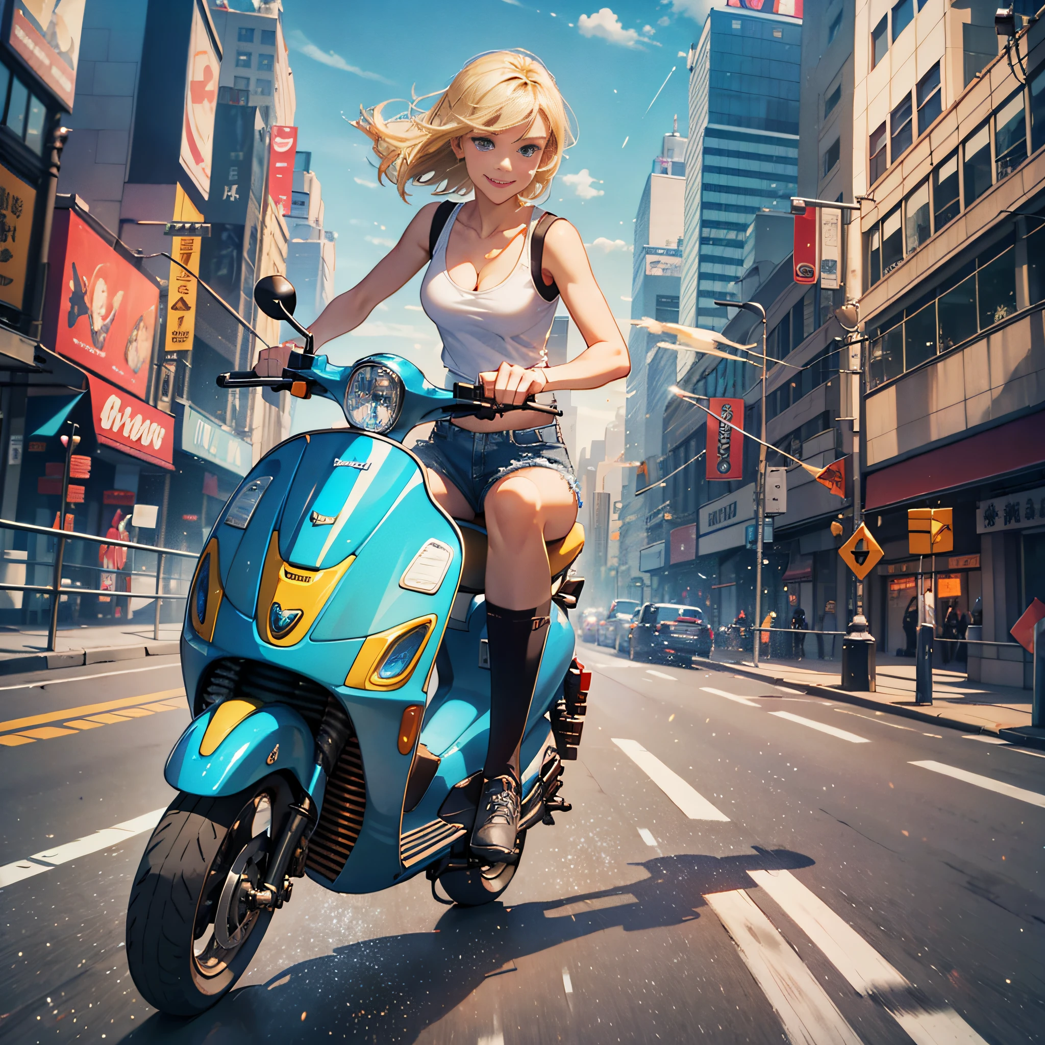 {{masterpiece, best quality, extremely detailed CG, unity 8k wallpaper, cinematic lighting}},
A (speeding) Vespa (scooter) the Yokohama City with harbor at high speed,(slow motion:1.3),(Motion blur:1.3),(speed lines:1.4),sense of speed,
1girl, blonde short bob, smile, (medium breasts, cleavage),, white tank top:1.2, distressed denim shorts: 1.3, white basketball shoes:1.1, (blue eyes, double eyelids, long eyelashes),
Sparks and smoke coming out of tires,