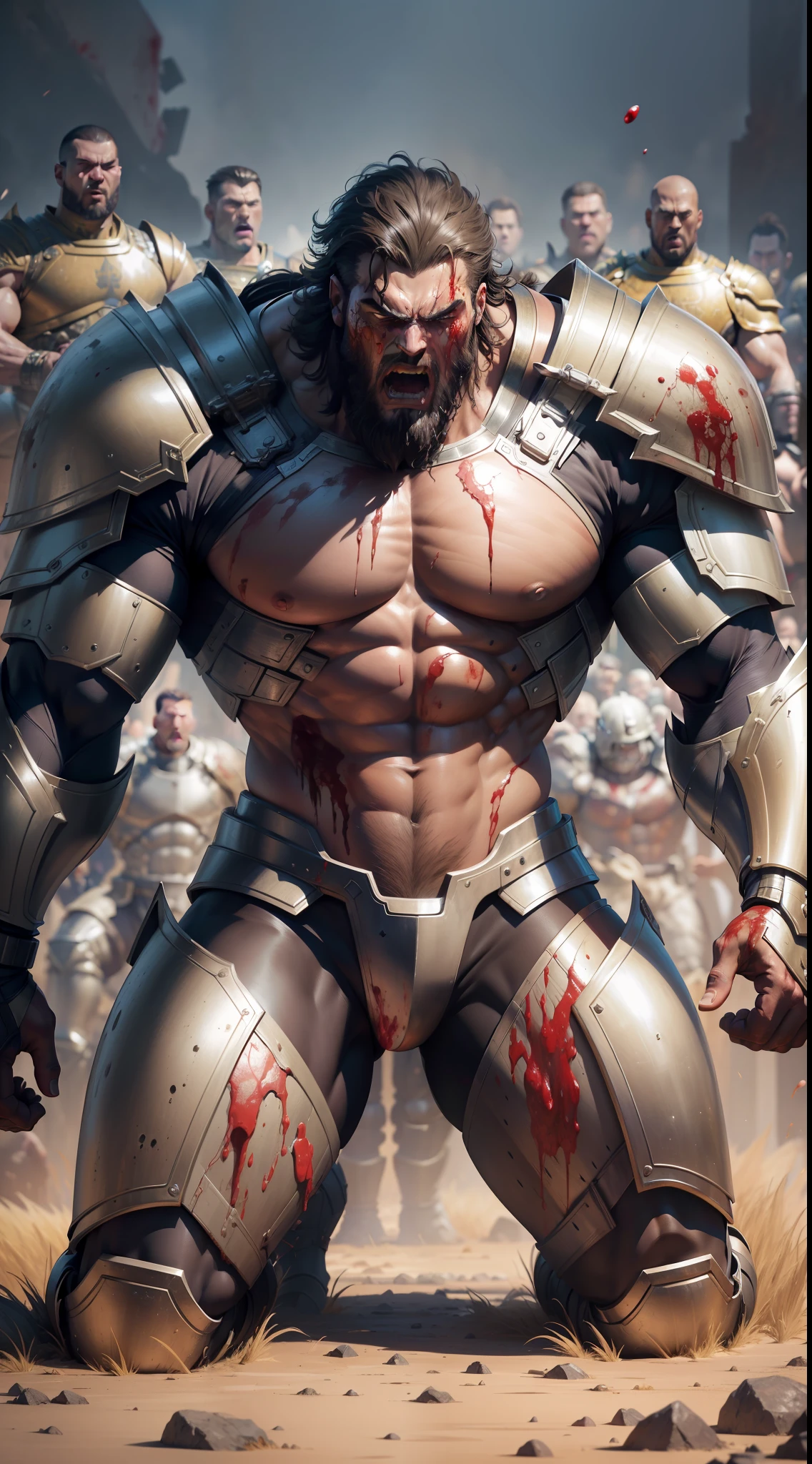 (masterpiece), best quality, an ultra-detailed (wearing technological armor) and high-resolution full-body portrait of a giant, muscular warrior, characterized by his immense strength, kneeling, screaming and bloodied, (((( in the background several bodies resulting from a bloody battle))).