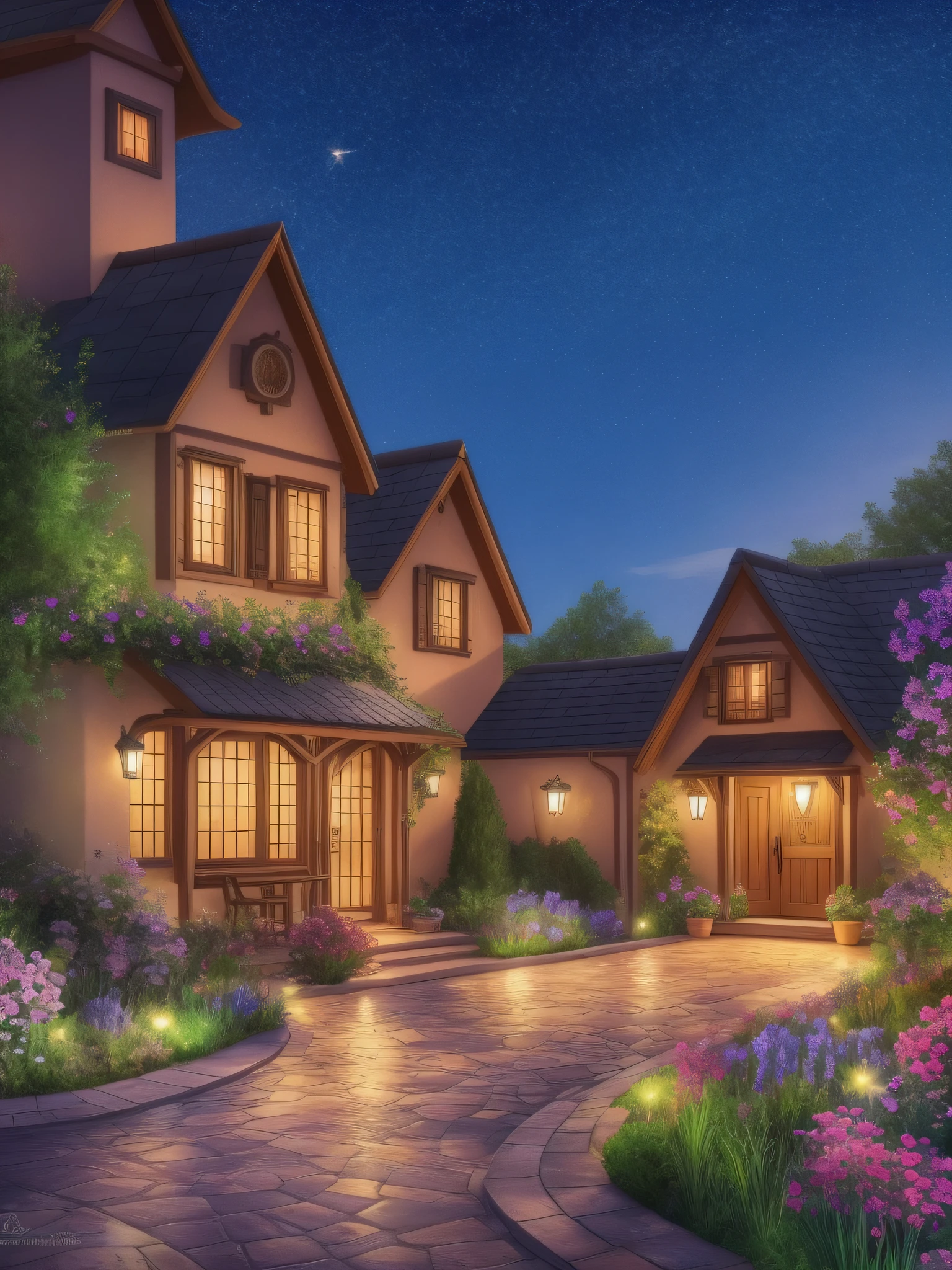 small garden, starry sky, moonlight, fantasy, disney style, 8k