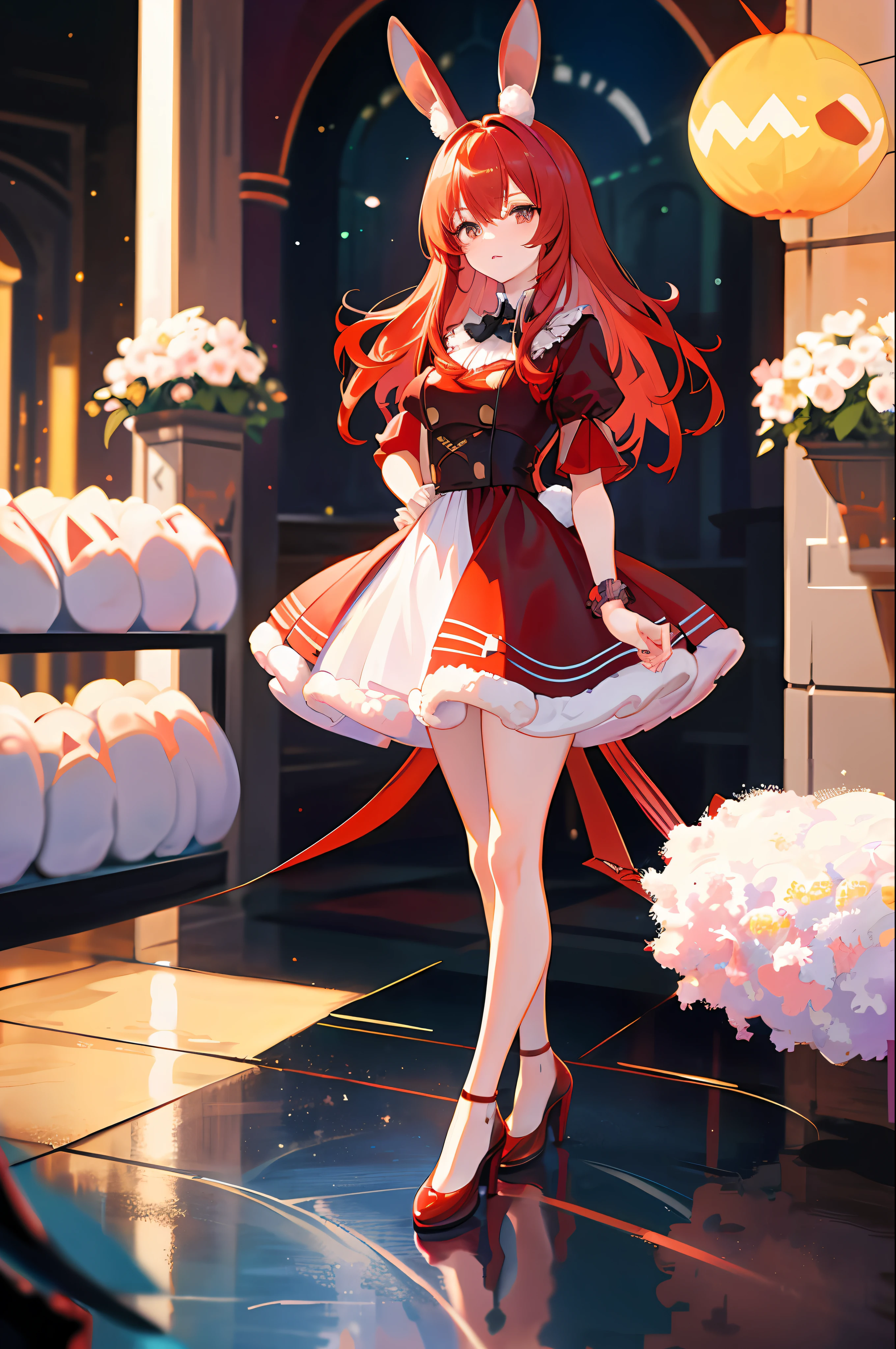 1 red-haired girl, ((full body standing front)), dress, short skirt, ((fluffy round round rabbit ears)), hands at sides, (hand details, eye details), castle