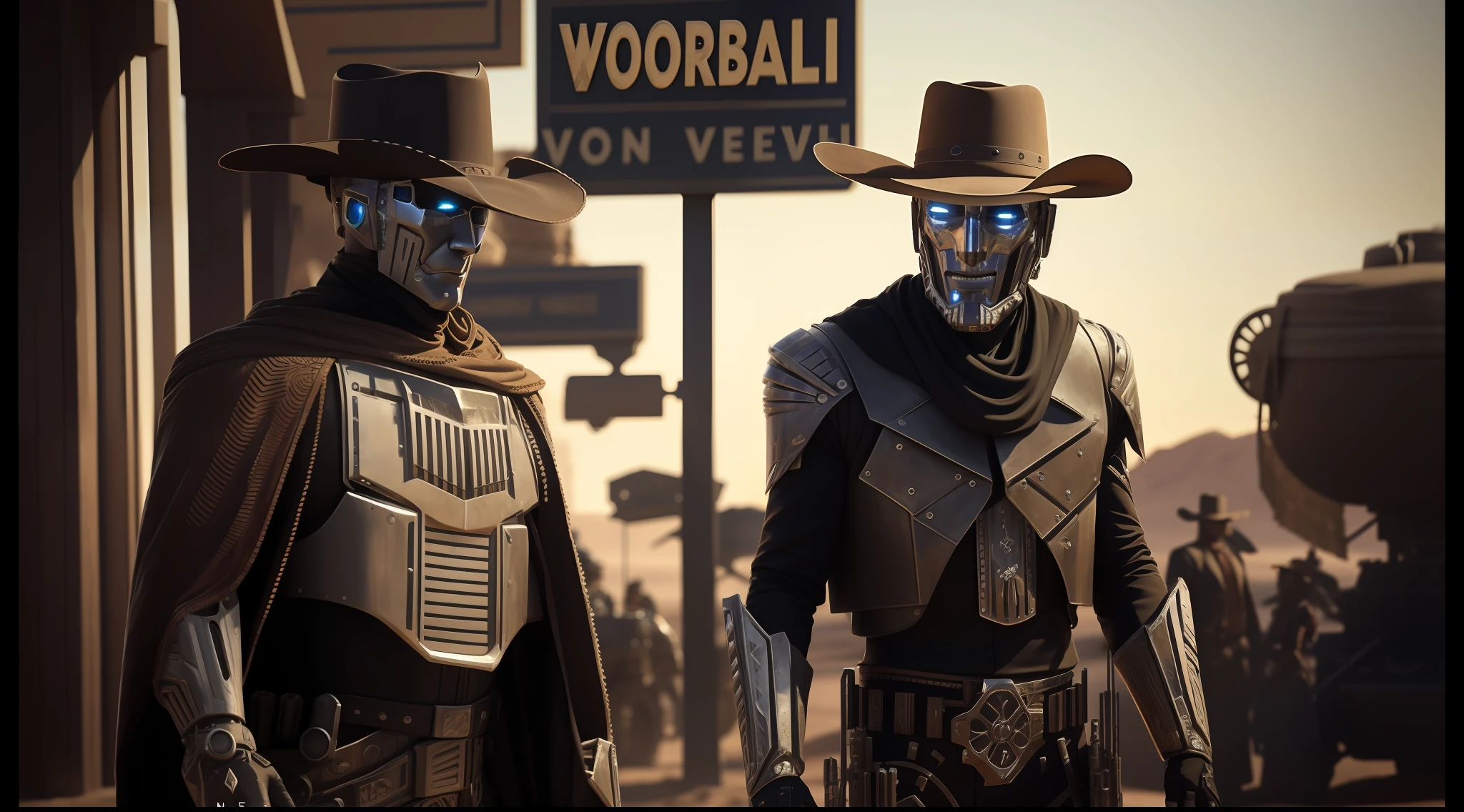 they are dressed in costumes and hats for western events, movie still of a villain cyborg, behance favourite, 4k image”, somewhere in sands of the desert, with two characters, westworld style, metal art, new vegas style