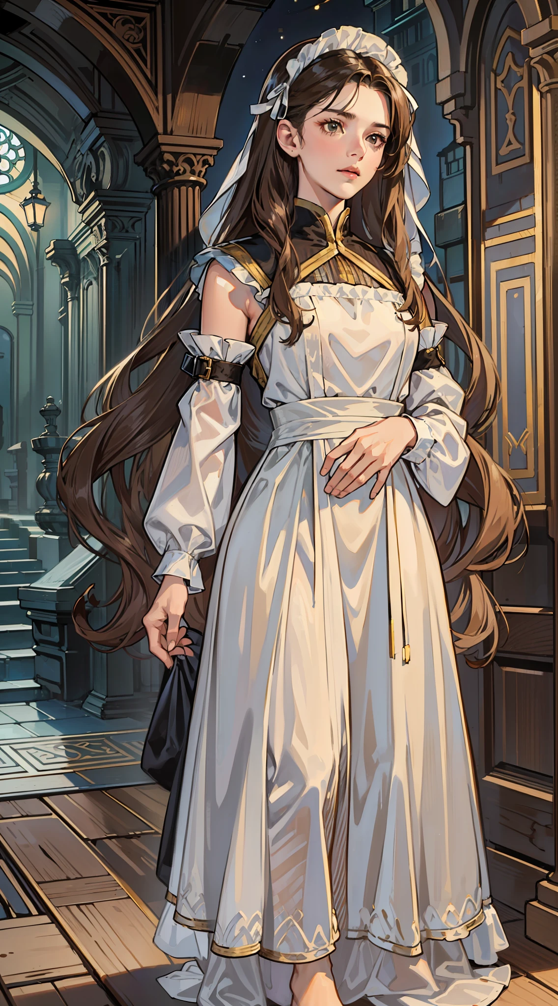 (8k, RAW photo, best quality, masterpiece: 1.2), (realistic, photorealistic: 1.37), (1GIRL) long wavy brown hair DARK, (((middle stripe))) (((NO SKIN))) (((/dull brown eyes/))), calm expression, closed mouth, malancholic look, (antique, covered and simple maid's clothes), (((NOT NSFW))) church background, (((night))) moonlight, fantastic atmosphere, beautiful lights, perfect and detailed face,  beautiful and melancholy face, young woman of 20 years, (((FULL BODY))) (((PERFECT FACE)))