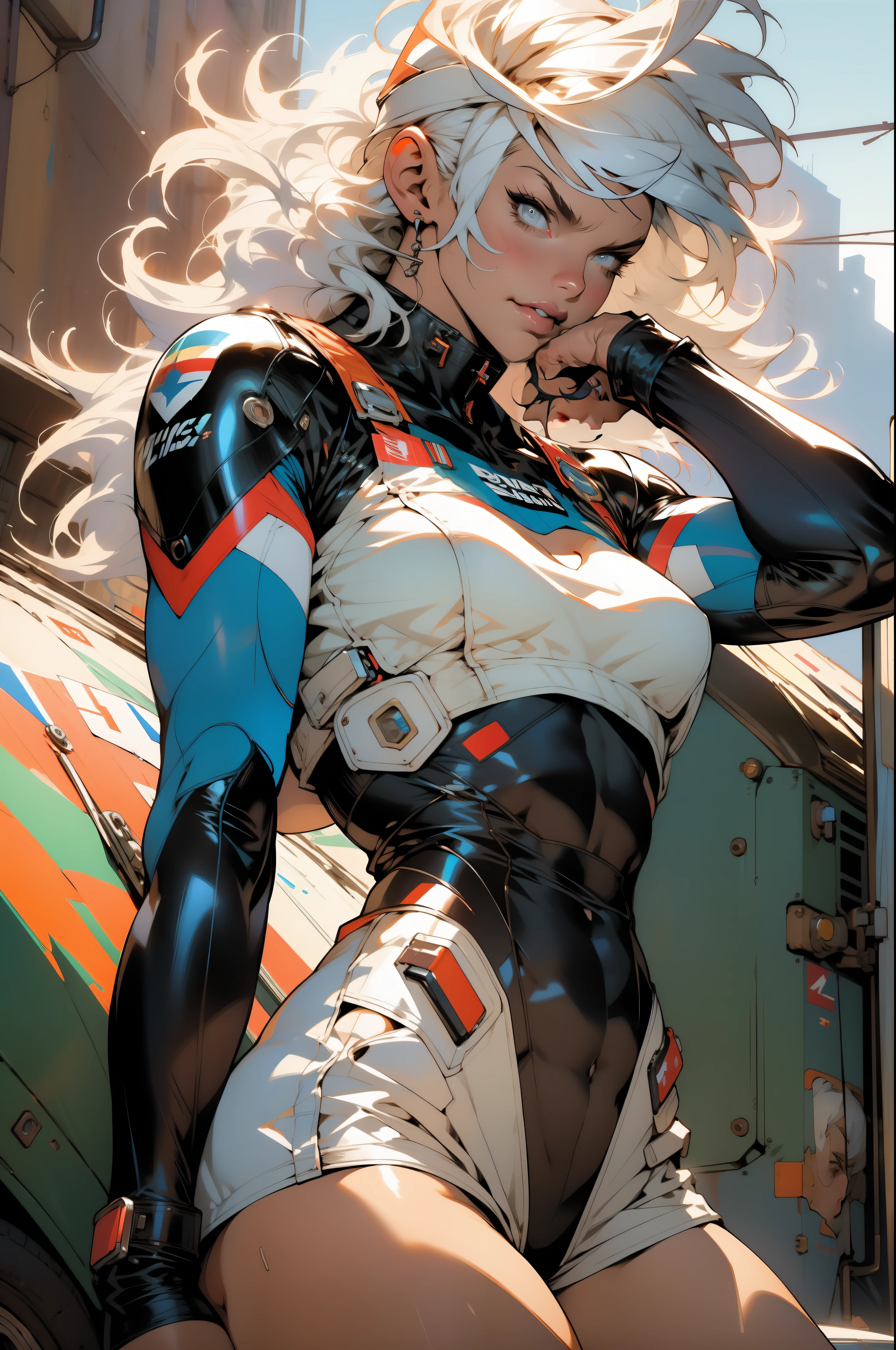(((Simon Bisley)))), Mature woman 35 years muscular gorgeous, giant robot pilot, wild with perfect body, bare thighs, white hair with bangs, wearing little clothes, tiny thong, hoarse with the colors of the flag of the Czech Republic, sensual pose, pose with attitude, add movements, large breasts, technological scenery