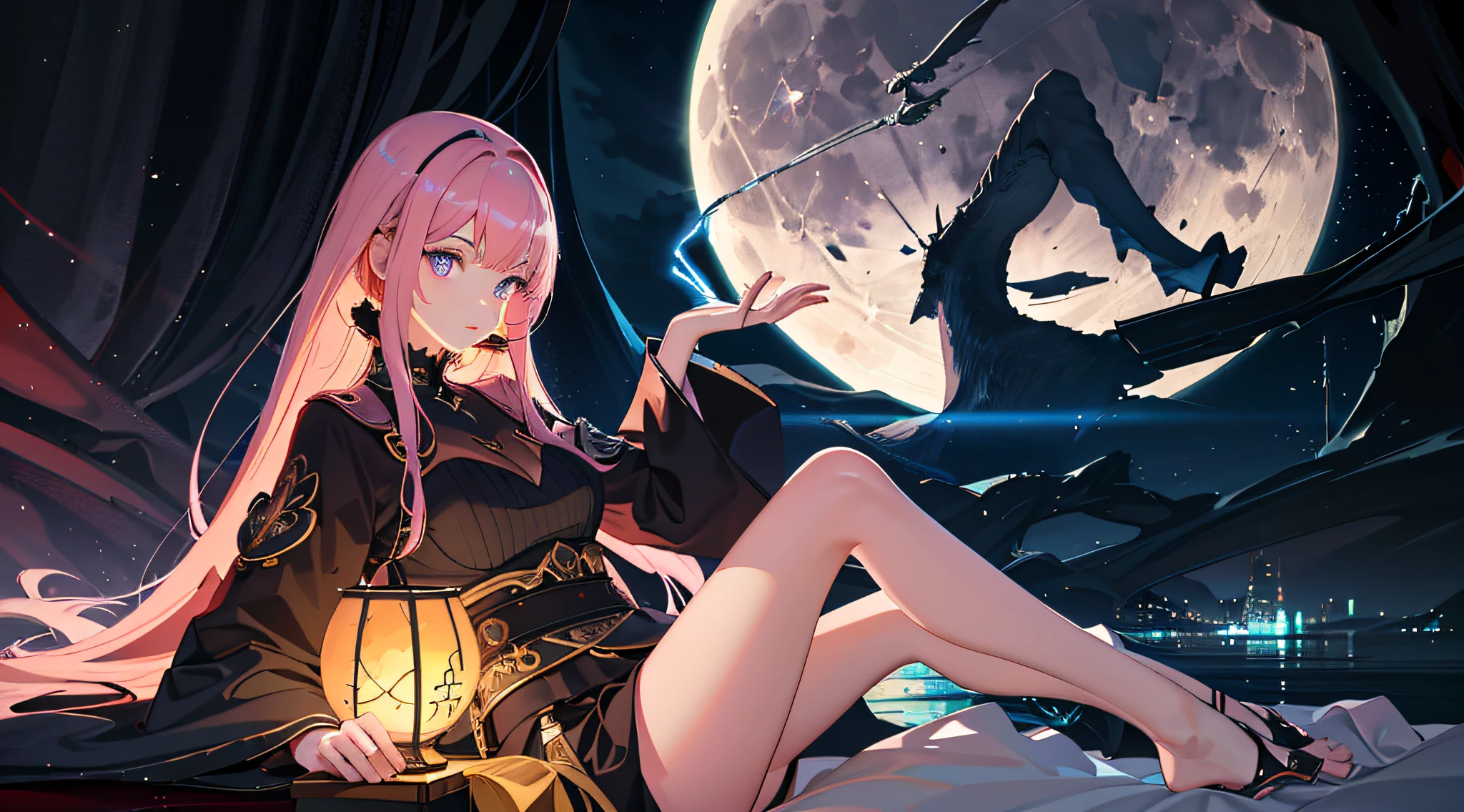 highres, high quality, illustration, cinematic light, ultra detailed, detailed face, (detailed eyes), best quality, hyper detailed, masterpiece, (detailed face), 1girl, girl, pink hair, purple eyes, maximum details, luminous eyes, medium breaths, sitting in bed, sitting, bed, window, night sky, lake outside, moon, full moon, backlight, light rays, (high contrast), (colorful),