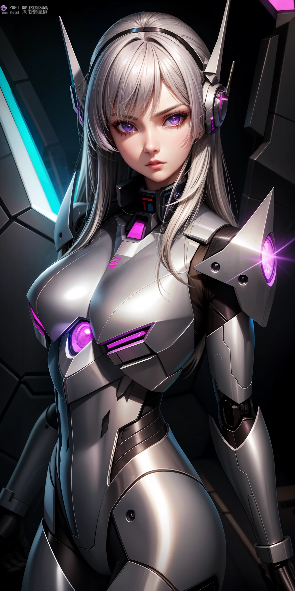 Realistic, girl one, gray hair, purple eyes, shining eyes, mecha suit, gundam, metallic, intricate details, detailed neon, parted lips,