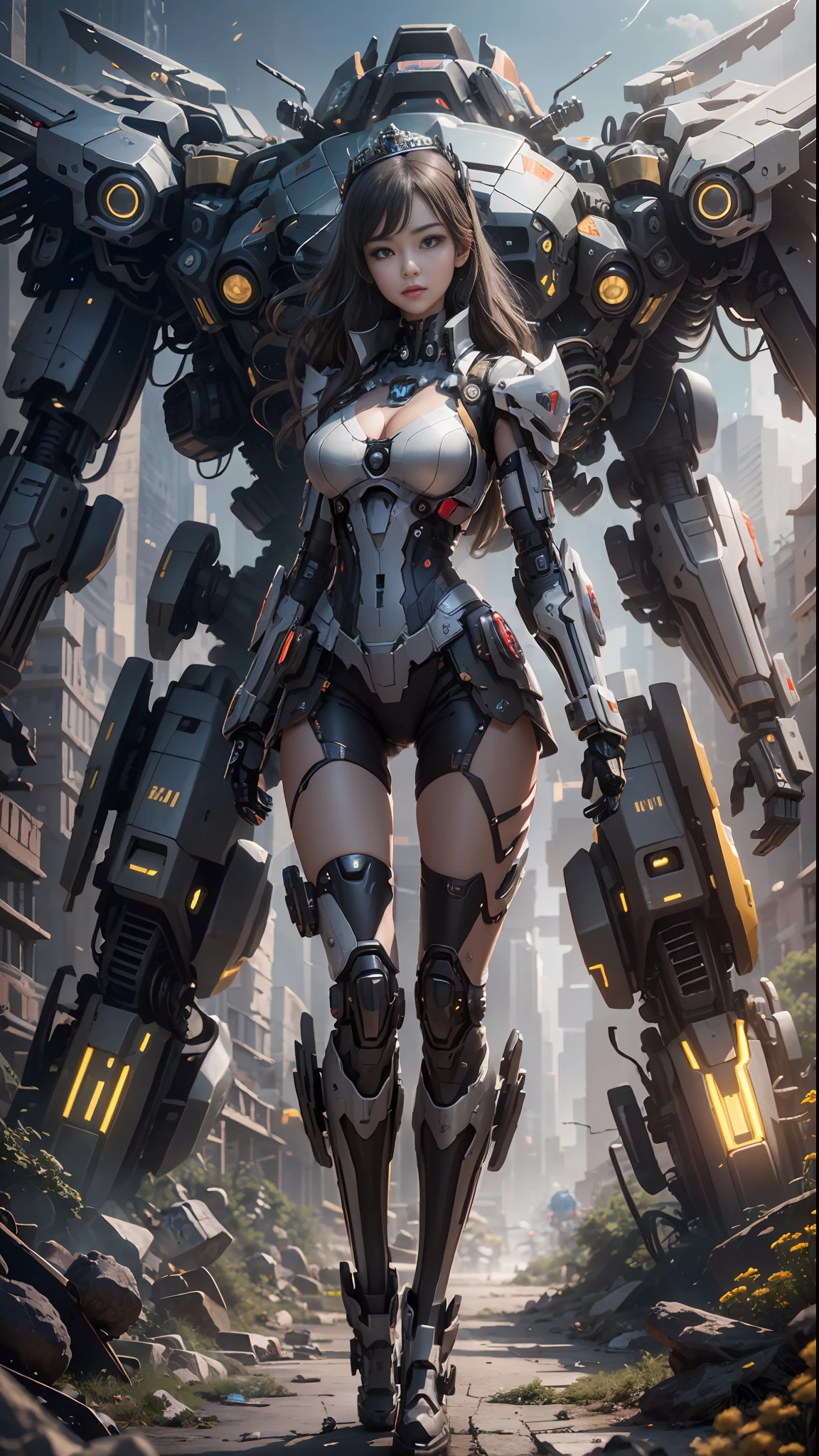 ((Best Quality)), ((Masterpiece)), (Very Detailed: 1.3), 3D, Shitu-mecha, Beautiful cyberpunk woman wearing crown with her mecha in ruins of a city in forgotten war, long silver hair, black pantyhose,sci-fi technology, HDR (High Dynamic Range), ray tracing, nvidia RTX, super resolution, unreal 5, subsurface scattering, PBR texture, post-processing, anisotropic filtering, depth of field, maximum sharpness and sharpness, multi-layered texture, Albedo and specular mapping, surface shading, accurate simulation of light-material interactions, perfect ratios, octane rendering, duotone lighting, low ISO, white balance, rule of thirds, wide aperture, 8K RAW, high efficiency sub-pixels, subpixel convolution, luminous particles, light scattering, Tyndall effect