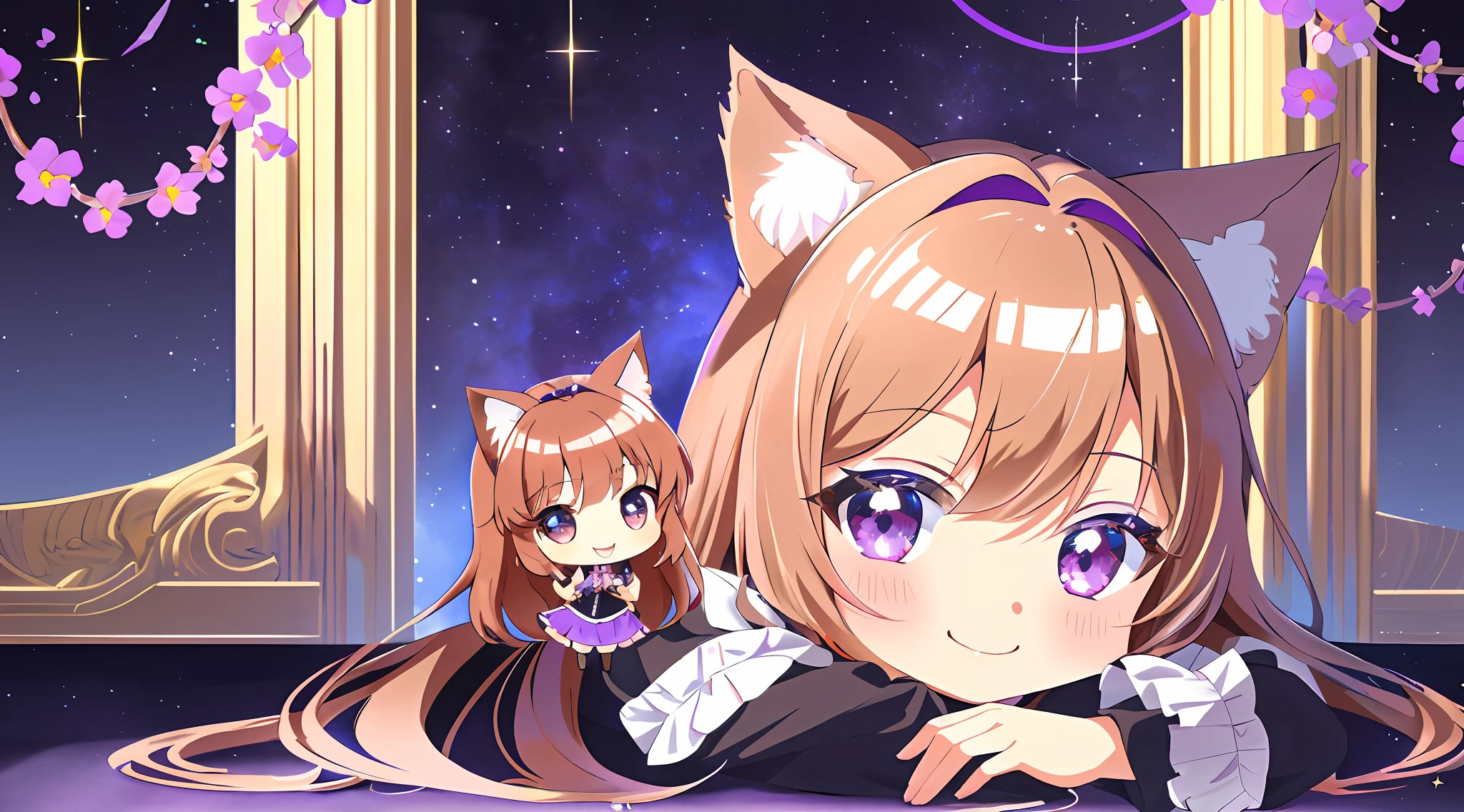 (Chibi Chibi: 1.3), Solo, full body, wearing shiny purple maid clothes, highly detailed face, (smile: 1.2), lively, (gravure pose: 1.4), beautiful detailed eyes, looking up, (eye meet), light brown long hair, cat ears, near future, masterpiece, top quality, highly detailed 8k wallpaper