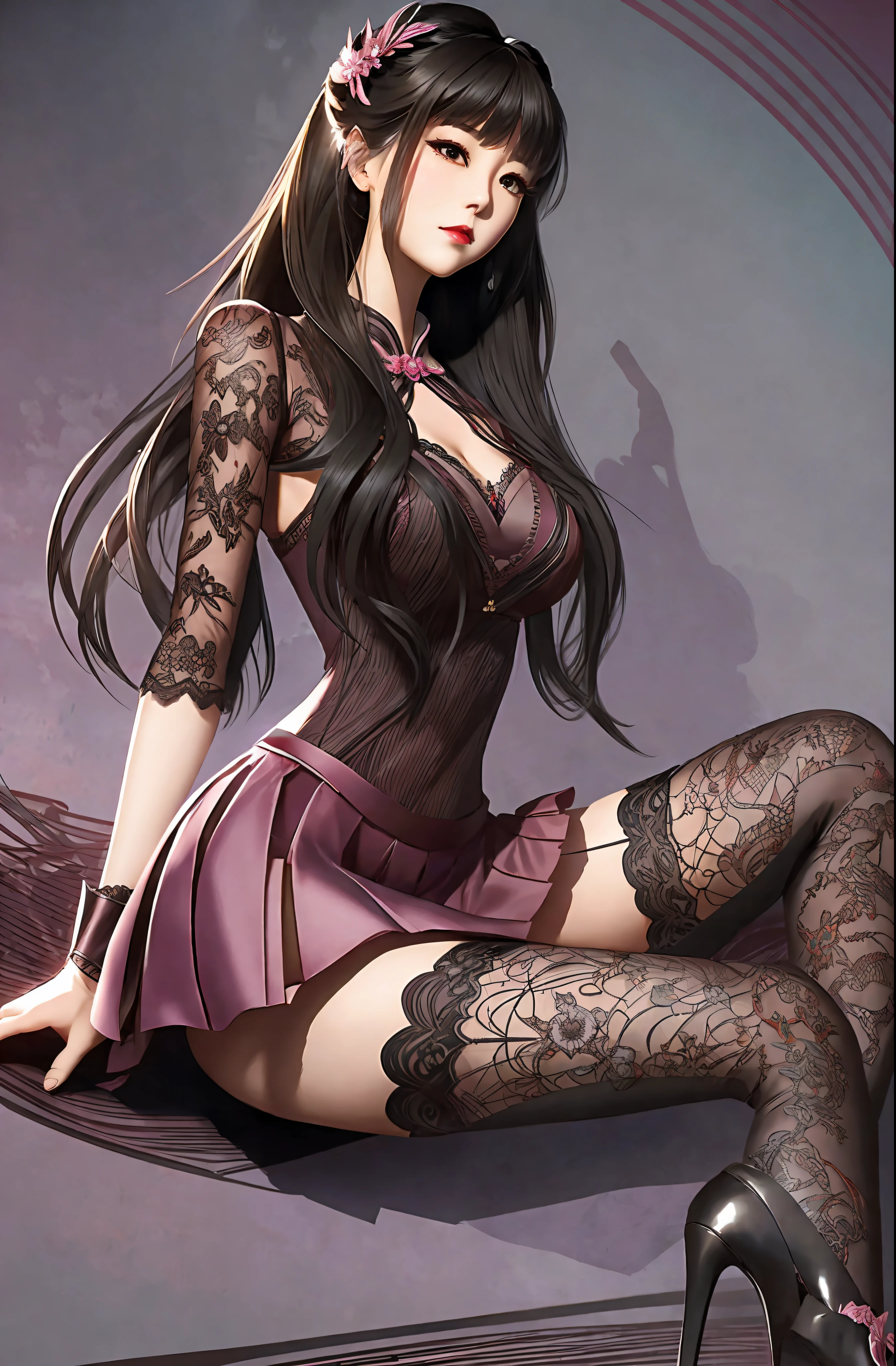 Ryoko Hirosue, OL outfit, dark green tight skirt, pink shirt, black lace lingerie revealing lace, large wavy brown hair, red lips, stiletto heels, gray stockings lace-trimmed garter --auto --s2
