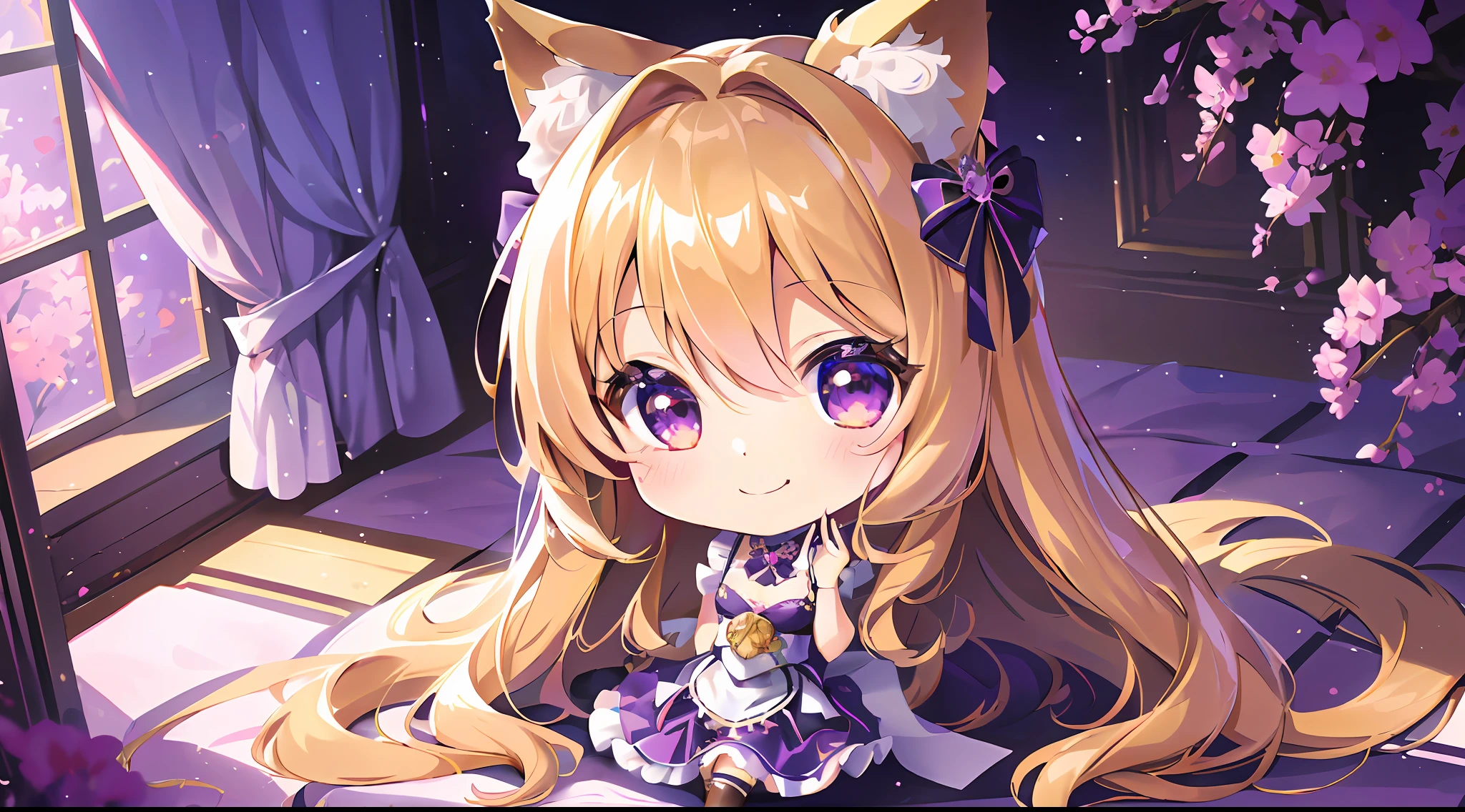 (Chibi Chibi: 1.3), Solo, full body, wearing shiny purple maid clothes, highly detailed face, (smile: 1.2), lively, (gravure pose: 1.4), beautiful detailed eyes, looking up, (eye meet), light brown long hair, cat ears, near future, masterpiece, top quality, highly detailed 8k wallpaper