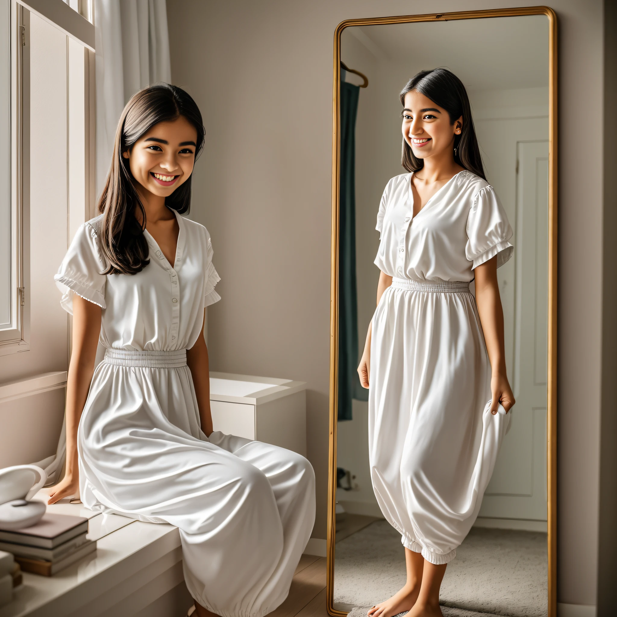 there is a girl who is standing in front of a mirror, she is smiling and excited, taken with sony alpha 9, sitting in her room, stepping, internal photo, standing in the corner of the room, she expressing joy, captured with sony a3 camera, with a happy expression, dressed in flowing long clothes, inspired by Abidin Dino,  standing on two legs --auto --s2