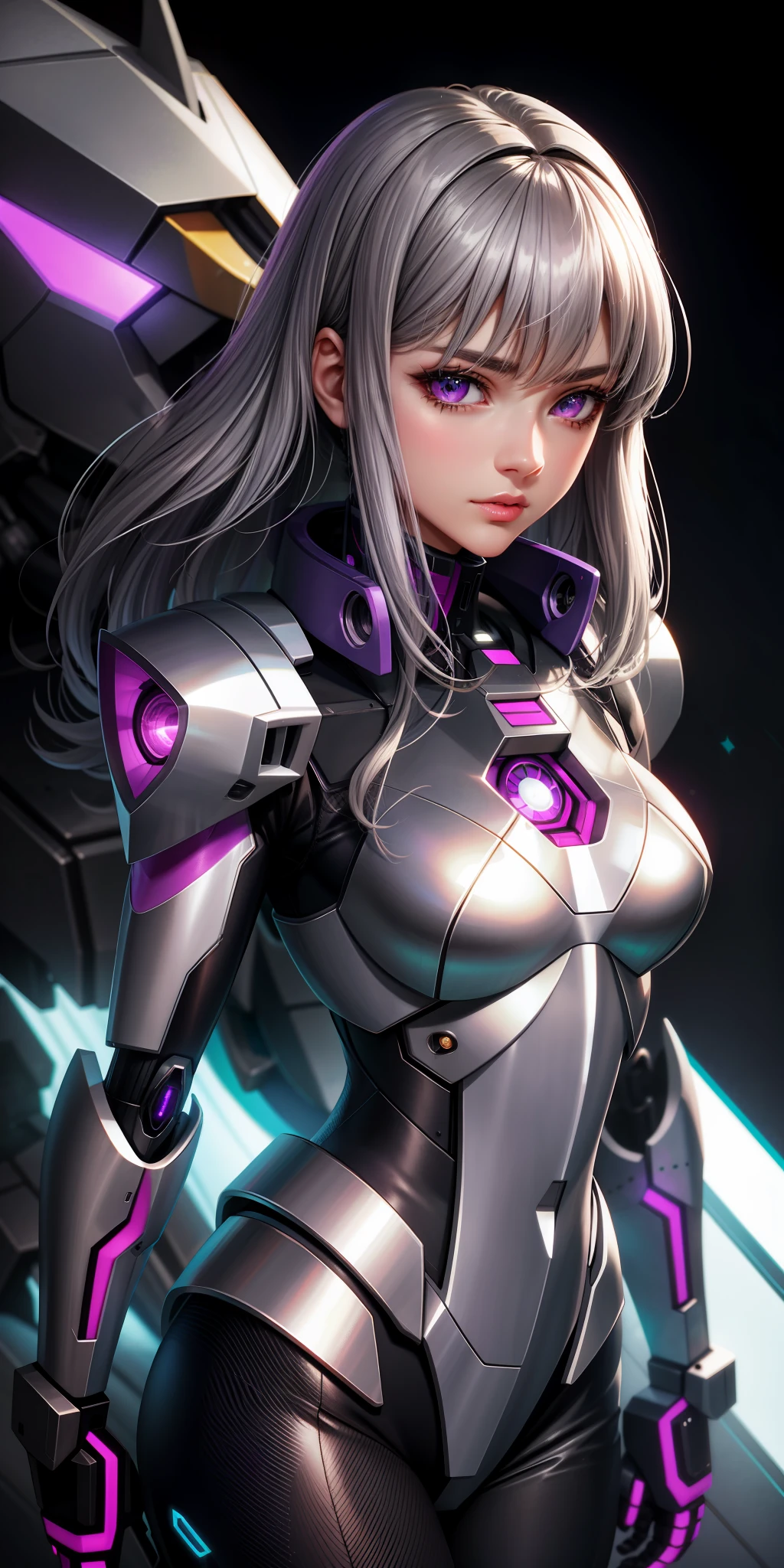 Realistic, girl one, gray hair, purple eyes, shining eyes, mecha suit, gundam, metallic, intricate details, detailed neon, parted lips,