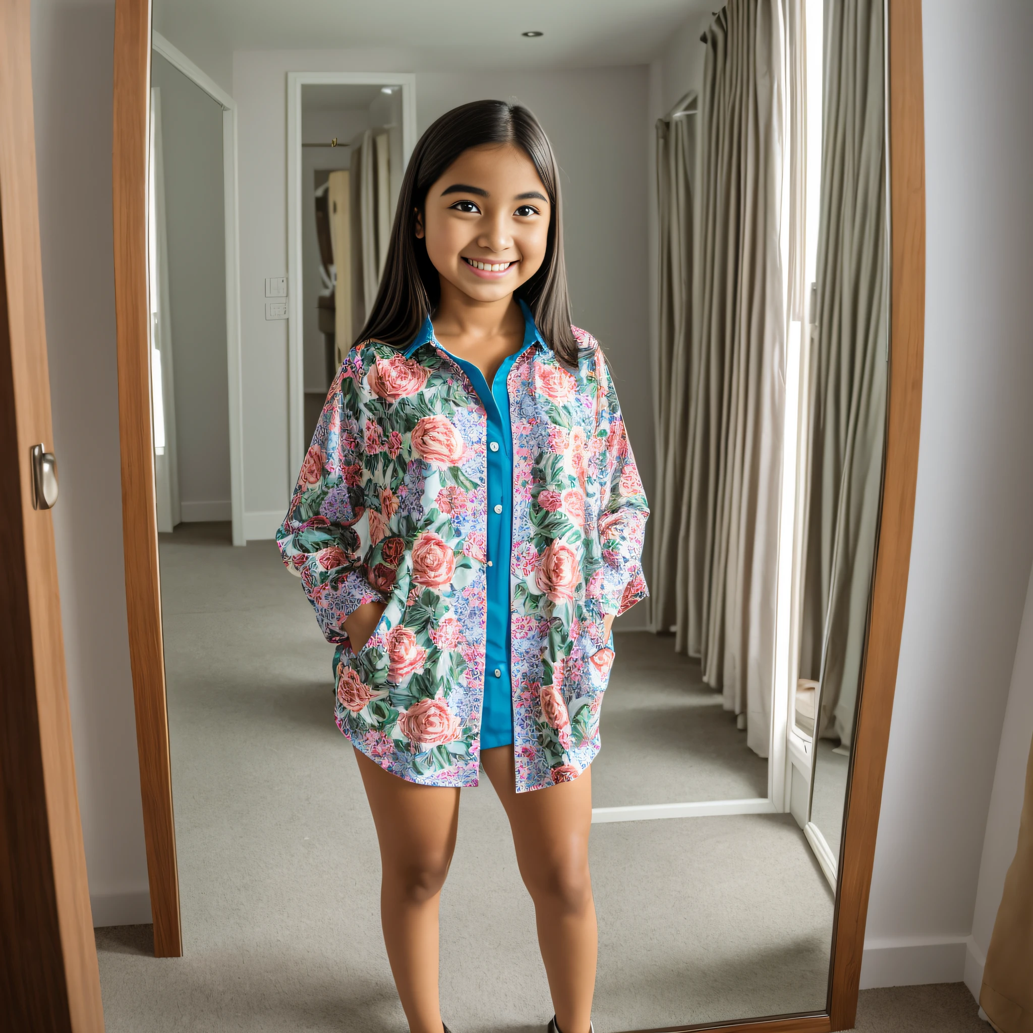 there is a girl who is standing in front of a mirror, she is smiling and excited, taken with sony alpha 9, sitting in her room, stepping, internal photo, standing in the corner of the room, she expressing joy, captured with sony a3 camera, with a happy expression, dressed in flowing long clothes, inspired by Abidin Dino, standing on two legs --auto --s2