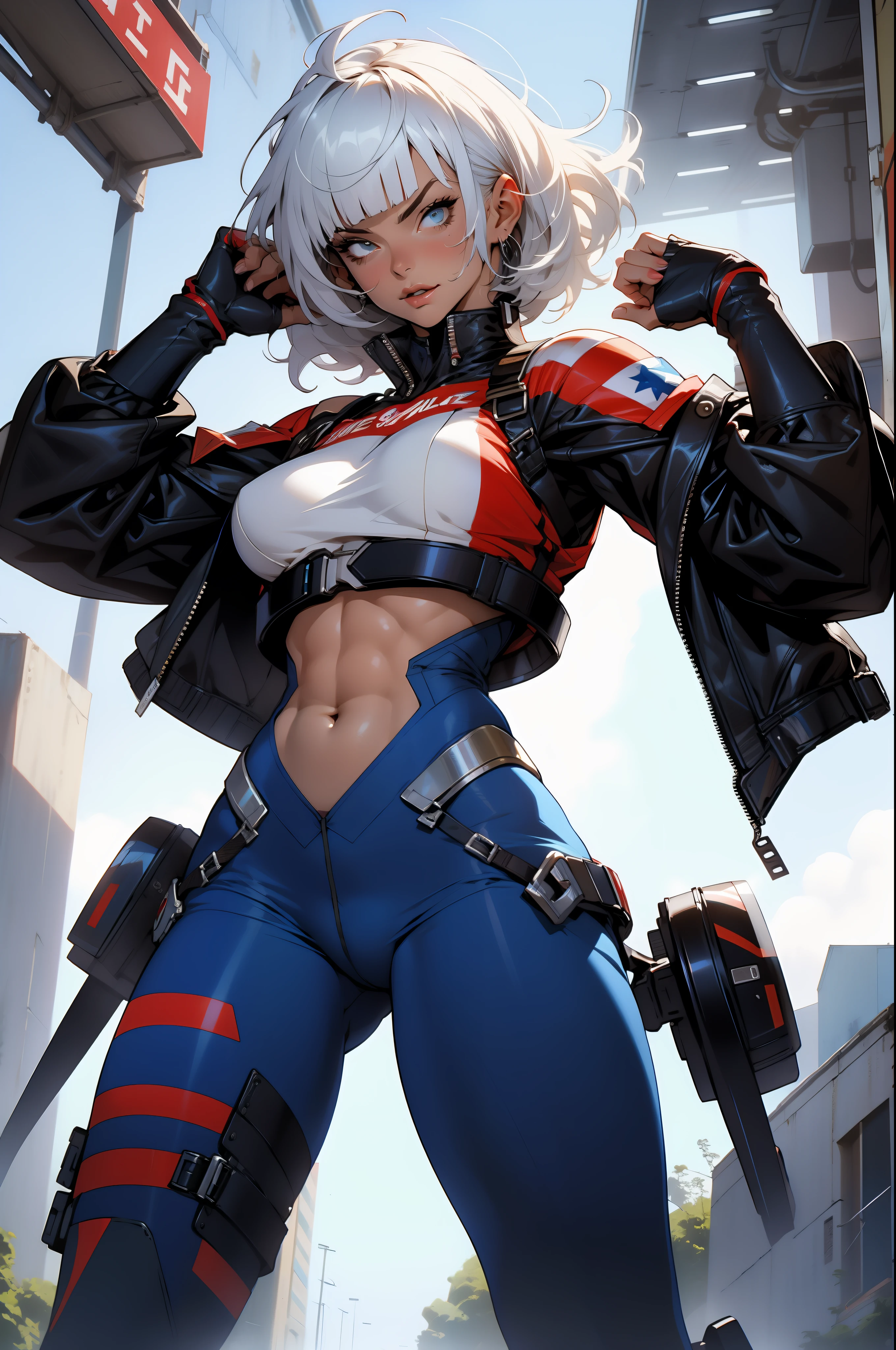 (((Simon Bisley))), Mature woman 35 years muscular beautiful, (((full body)))), , giant robot pilot, wild with perfect body, bare thighs, white hair with bangs, wearing little clothing, dark blue clothing with white stars, red with white stripes, tiny thong, hoarse with the colors of the United States flag, sensual pose, pose with attitude, add movements, large breasts, technological scenario