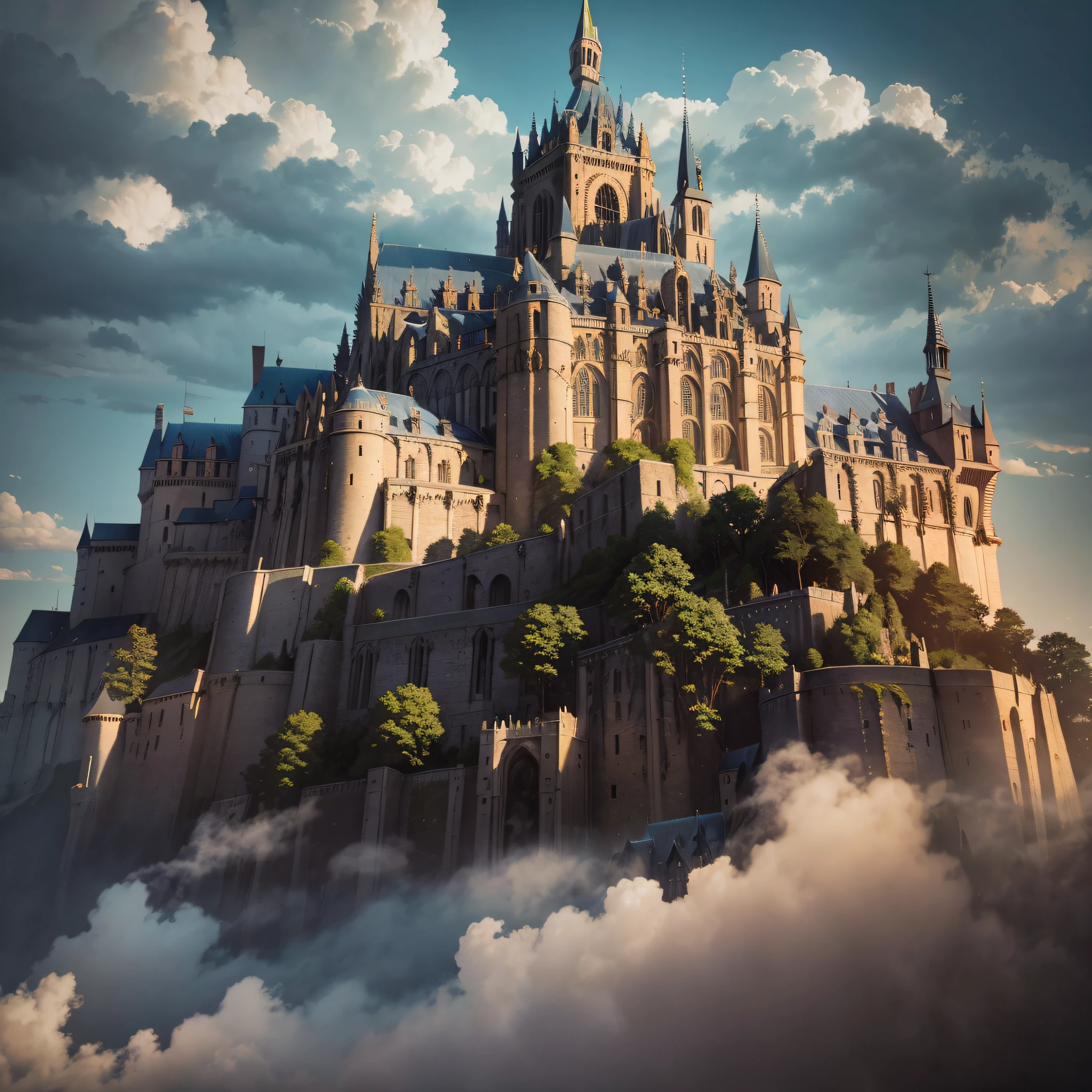 Mont Saint Michel floating among the clouds, dramatic lighting, evening, masterpiece --auto --s2