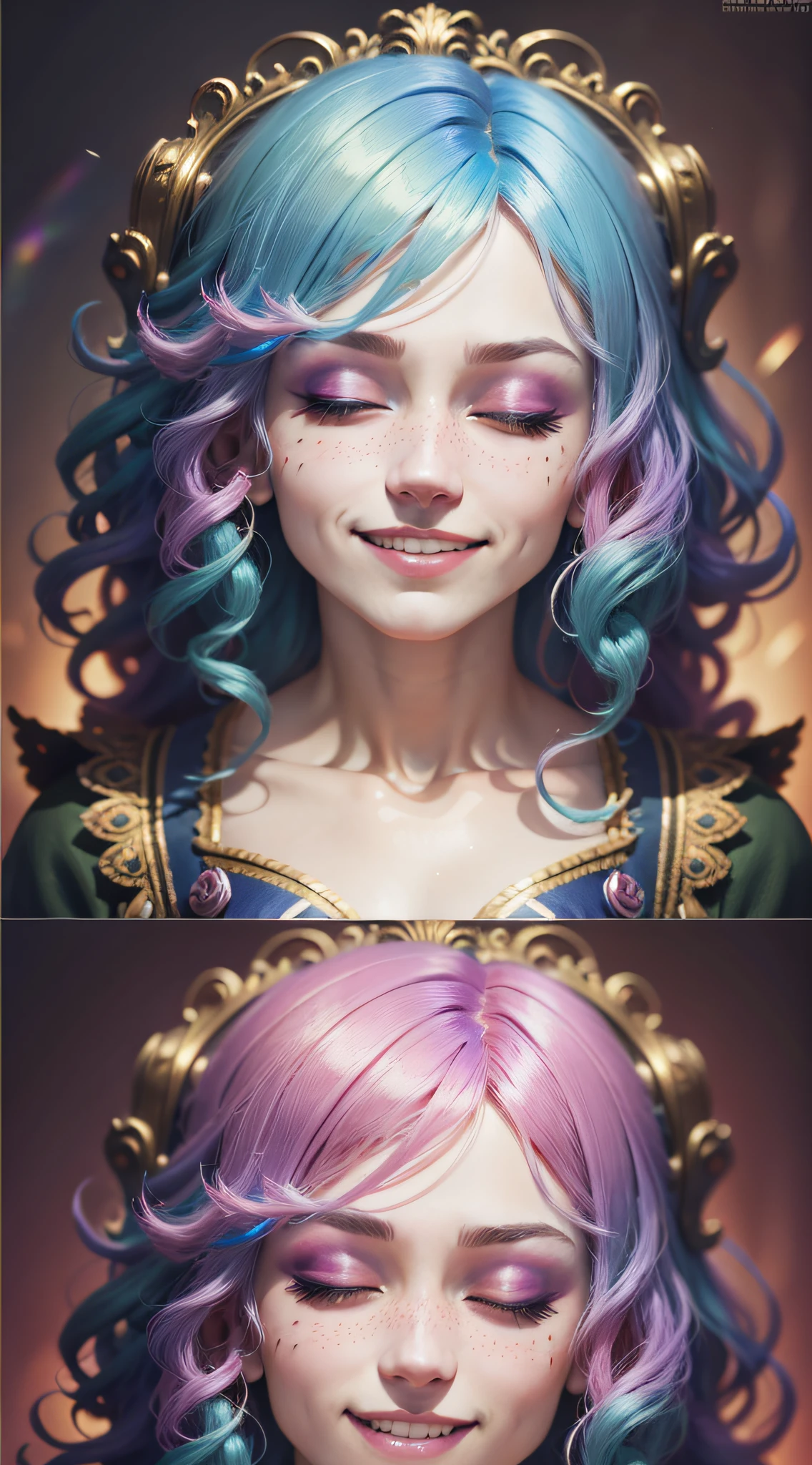 rainbow hair, closed eyes, evil smile, rococo style, cinematic lighting, close-up, UHD