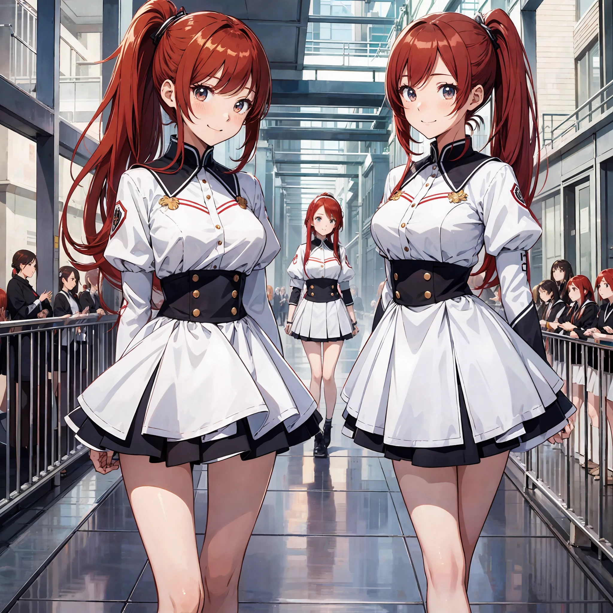 perfect anime illustration, multiple girls, thousands of girls, millions of girls, clones, identical sisters, red hair, ponytail, matching hairstyle, hazel eyes, smiling, white skin, matching outfits, uniforms, highres, full body, bare legs, neat rows of sisters, neat columns of sisters, sisters standing in formation, sisters in background --auto --s2