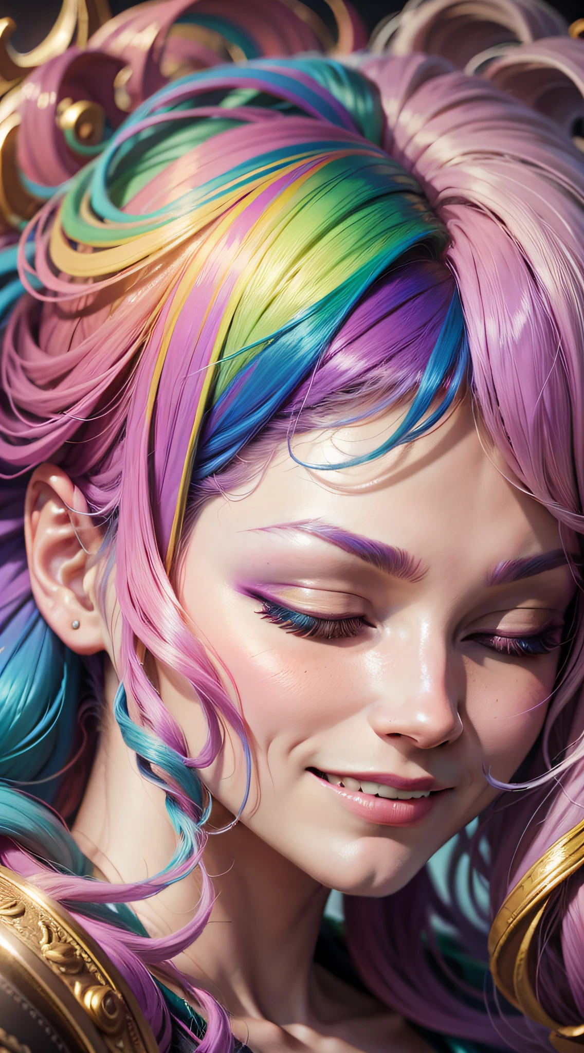 rainbow hair, closed eyes, evil smile, rococo style, cinematic lighting, close-up, UHD