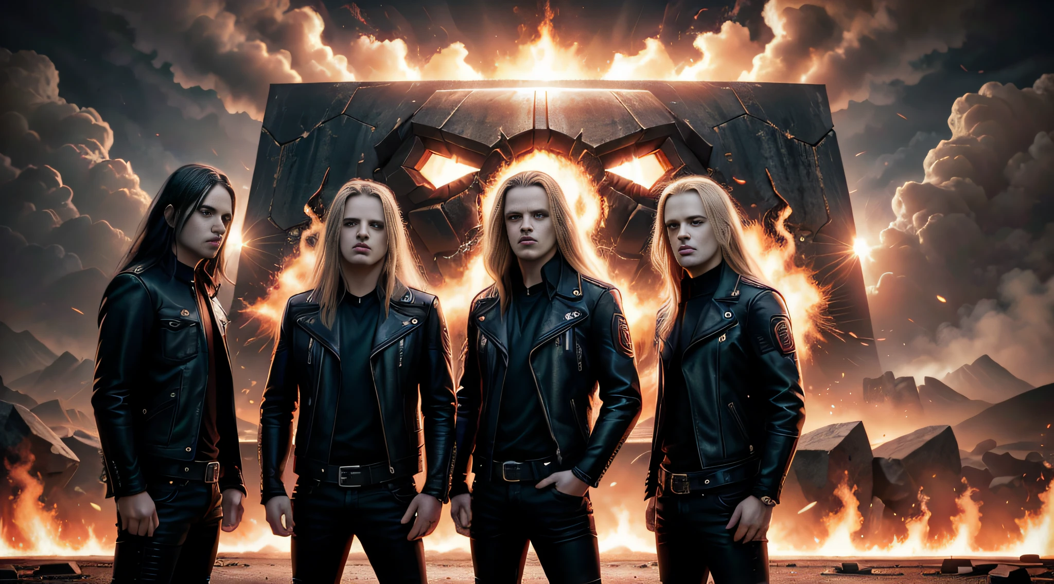 Three boys in leather clothes standing in front of a big explosion style portrait,infernal , Heavy metal band promo, Thrash metal, Heavy Rock band promo photo, Arch Enemy, Burning in Hell, New Wave of British Heavy Metal, Long Blonde Flaming Hair, Heavy Metal The Movie, Destruction, Slayer, 2 0 0 6 Advertising Promo Shot, Proto - Metal Band Promo, Megadeth, death metal