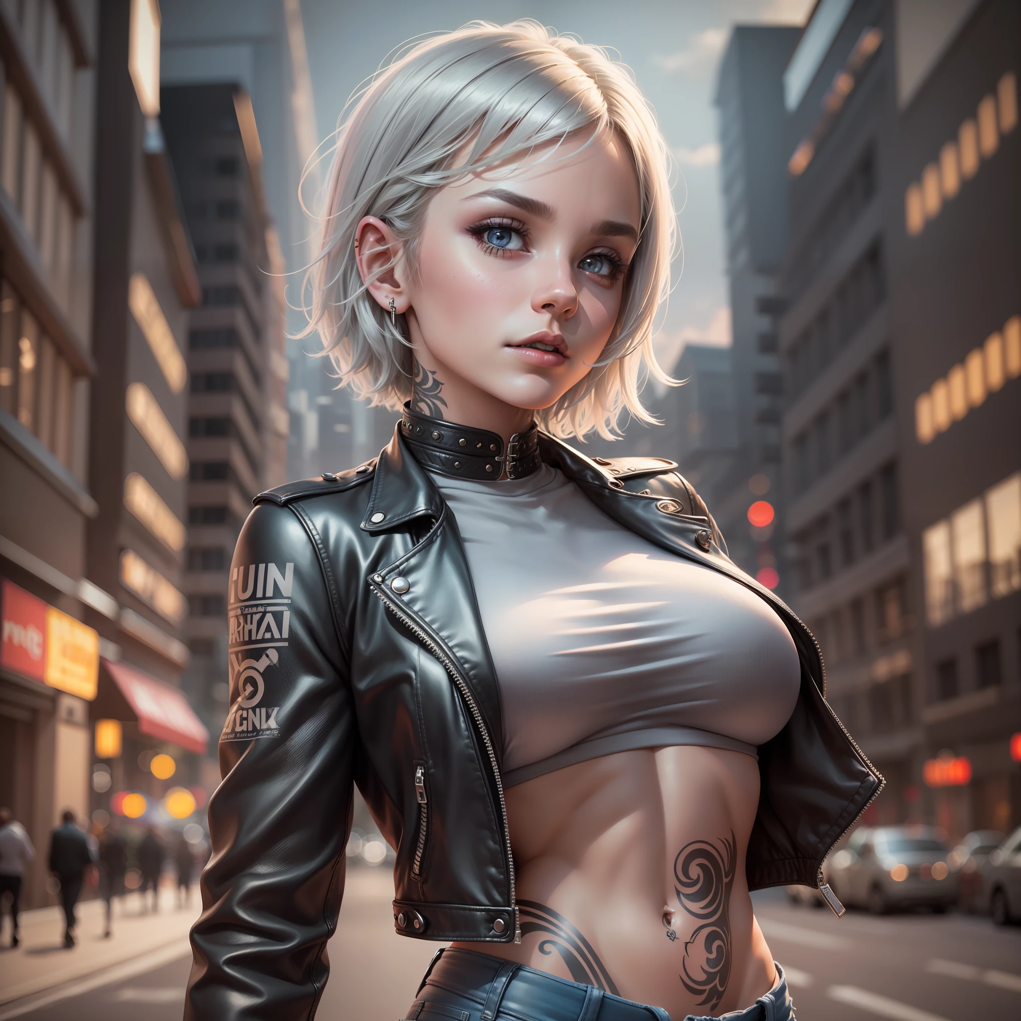 1girl, masterpiece, best quality, wonderful, highly detailed face, perfectly detailed, highly detailed, insane details, short silver hair, wearing a leather jacket and jeans, natural light, dark colors, UHD, proportional, defined muscles, tattooed, scenery in a city at night