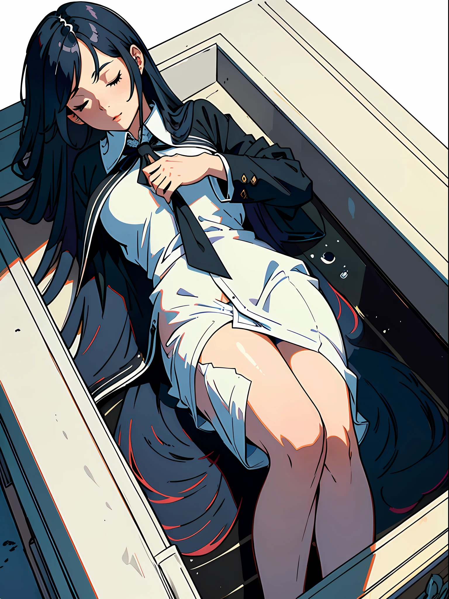 ((Masterpiece)), ((Best Quality))), ((Ultra Detailed)), ((Illustration)), a girl with long hair with a black shawl, white shirt, black pants, lying in a coffin, in a grave, with her eyes closed