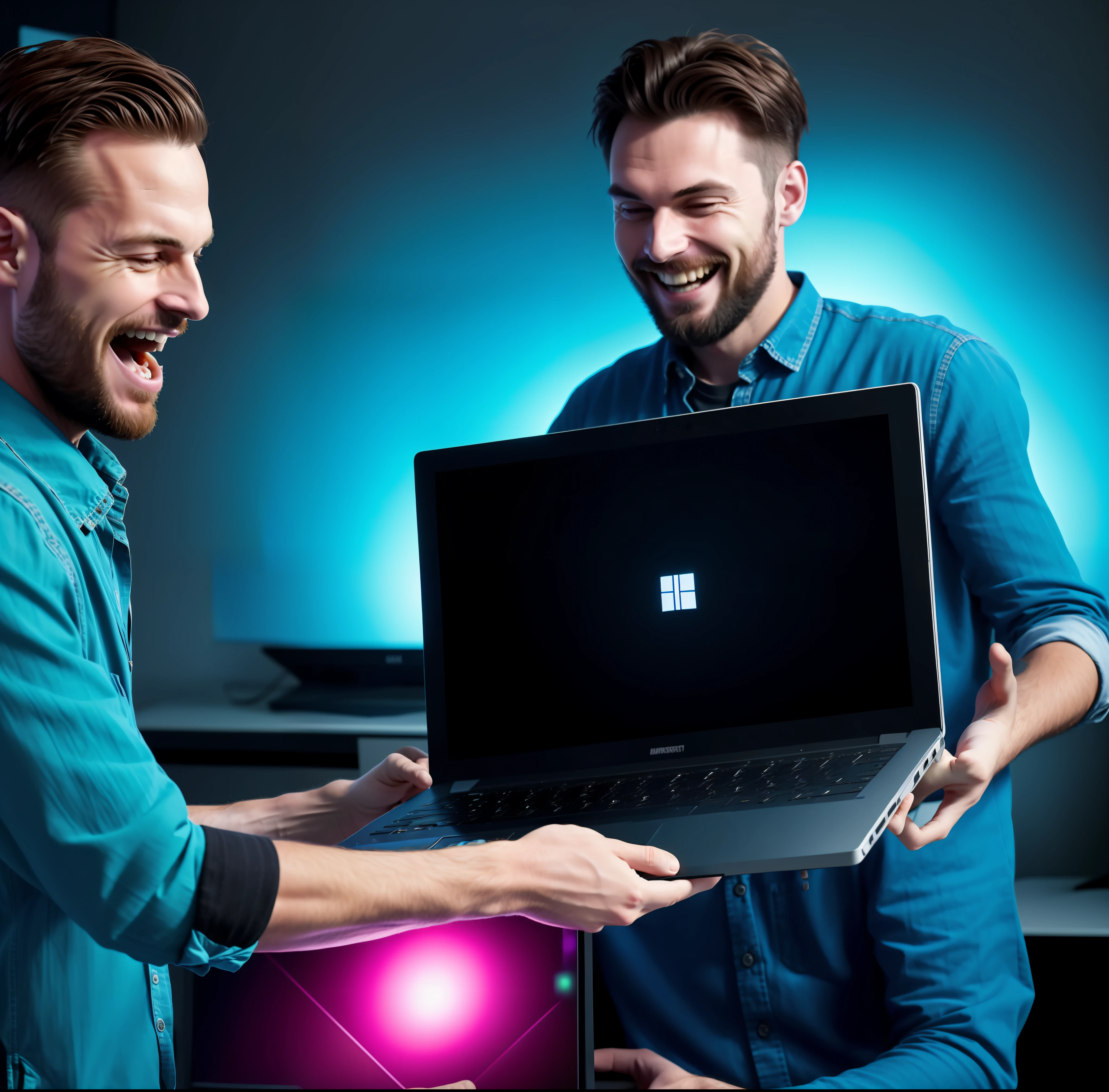 two men are laughing while holding a laptop computer, man steal computers, in front of a computer, coworkers, computers, on a dark background, looking at monitor, gaming computers, personal computer horror, laptops, disassemble the computer, professional artwork, advertising photo, technological anguish, highly technical, creative coder with a computer