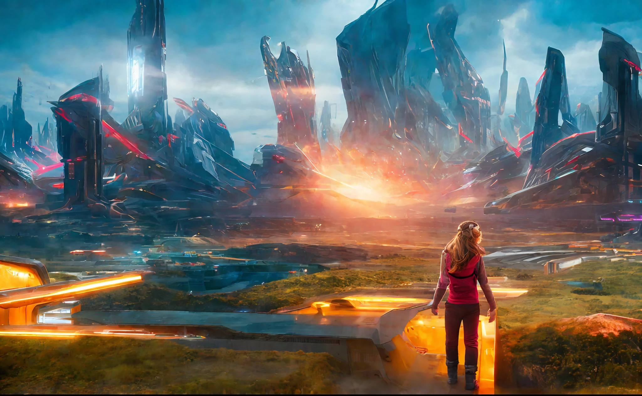 girl in background, futuristic sci-fi city landscape, sci-fi, ultra-realistic, high resolution, city