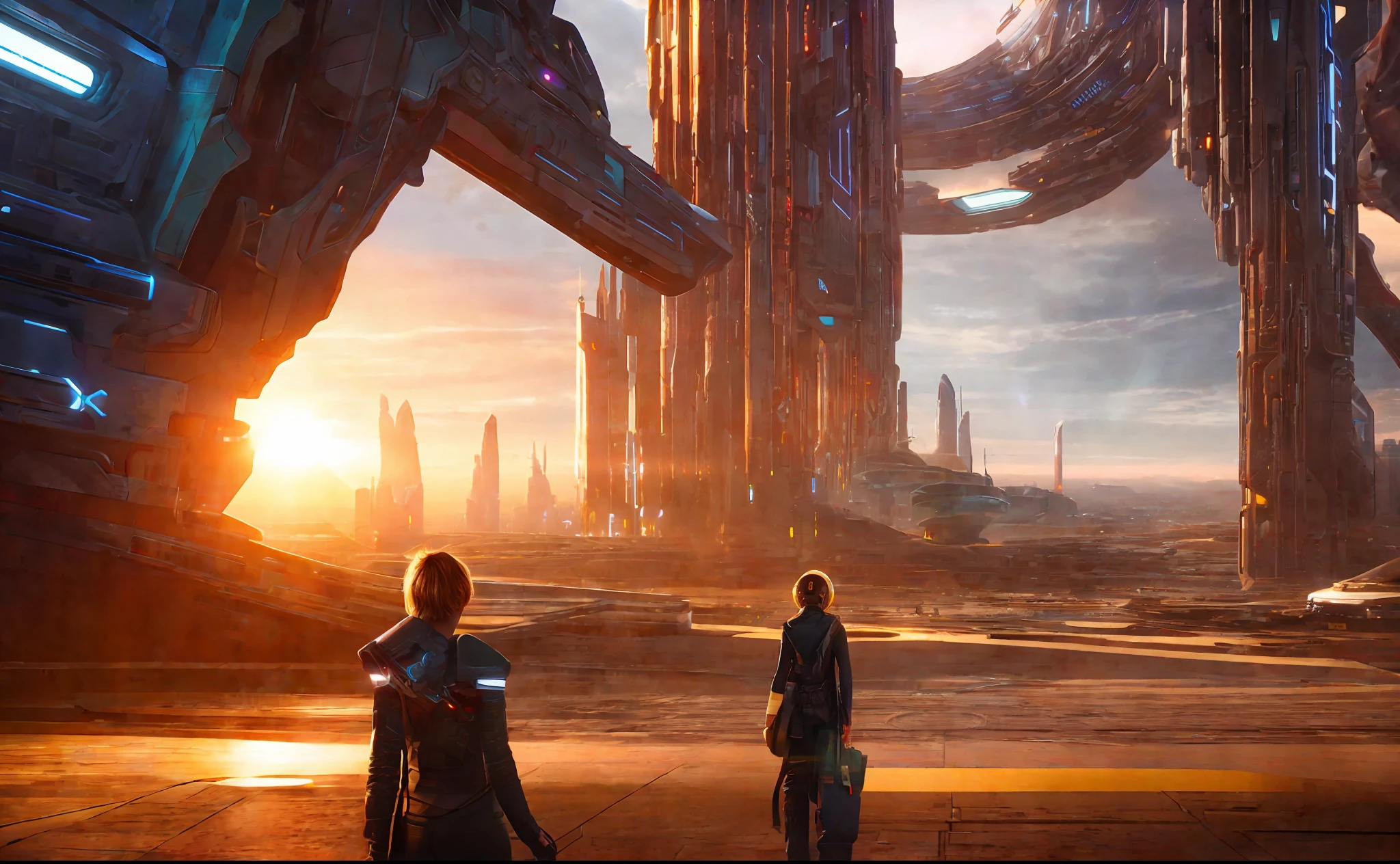 girl in background, futuristic sci-fi city landscape, sci-fi, ultra-realistic, high resolution, city