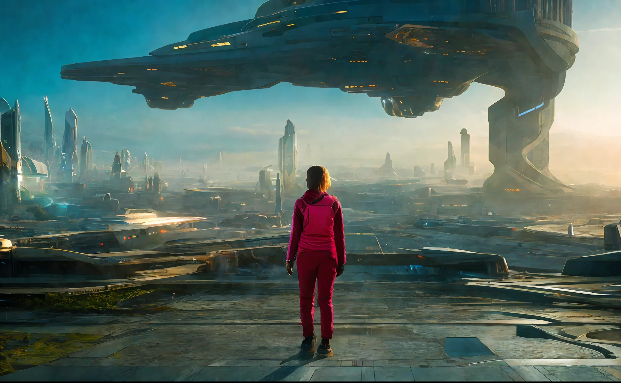 girl in background, futuristic sci-fi city landscape, sci-fi, ultra-realistic, high resolution, city