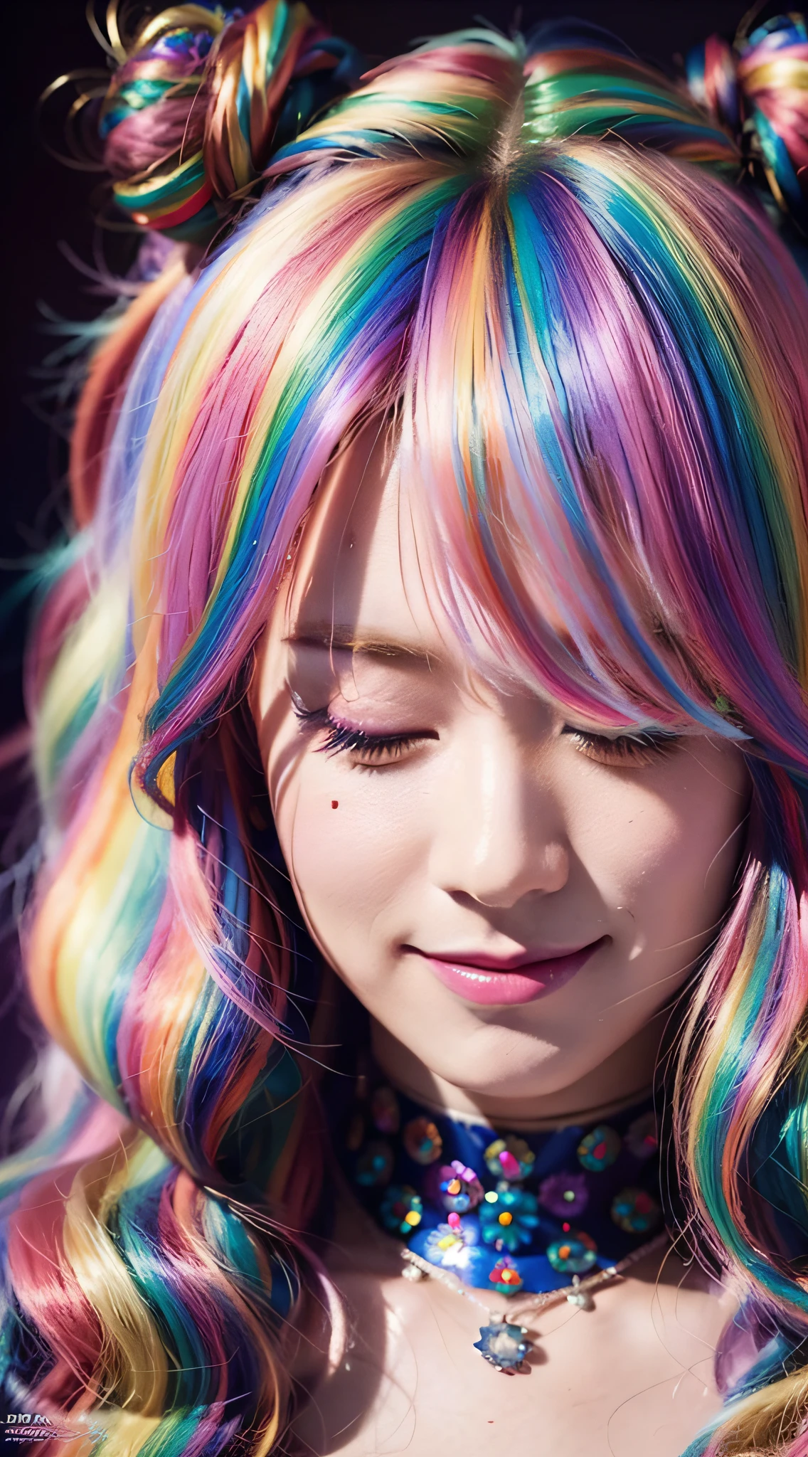 rainbow hair, closed eyes, evil smile, rococo style, cinematic lighting, close-up, UHD