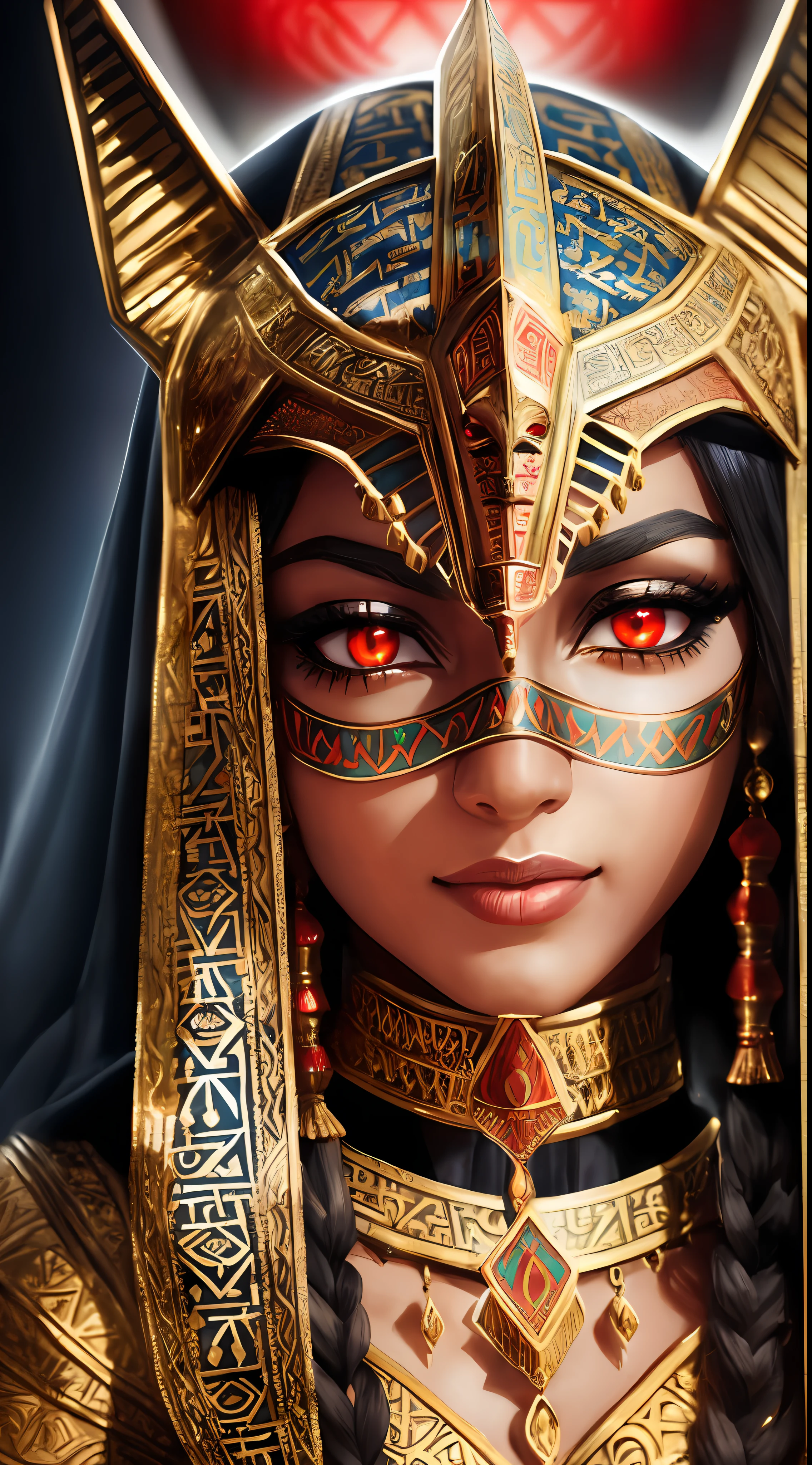 (beautiful Moroccan girl, Moroccan beauty:1.3), knight, highly detailed, (anubis mask on face, glowing Red eye colour:1.2)