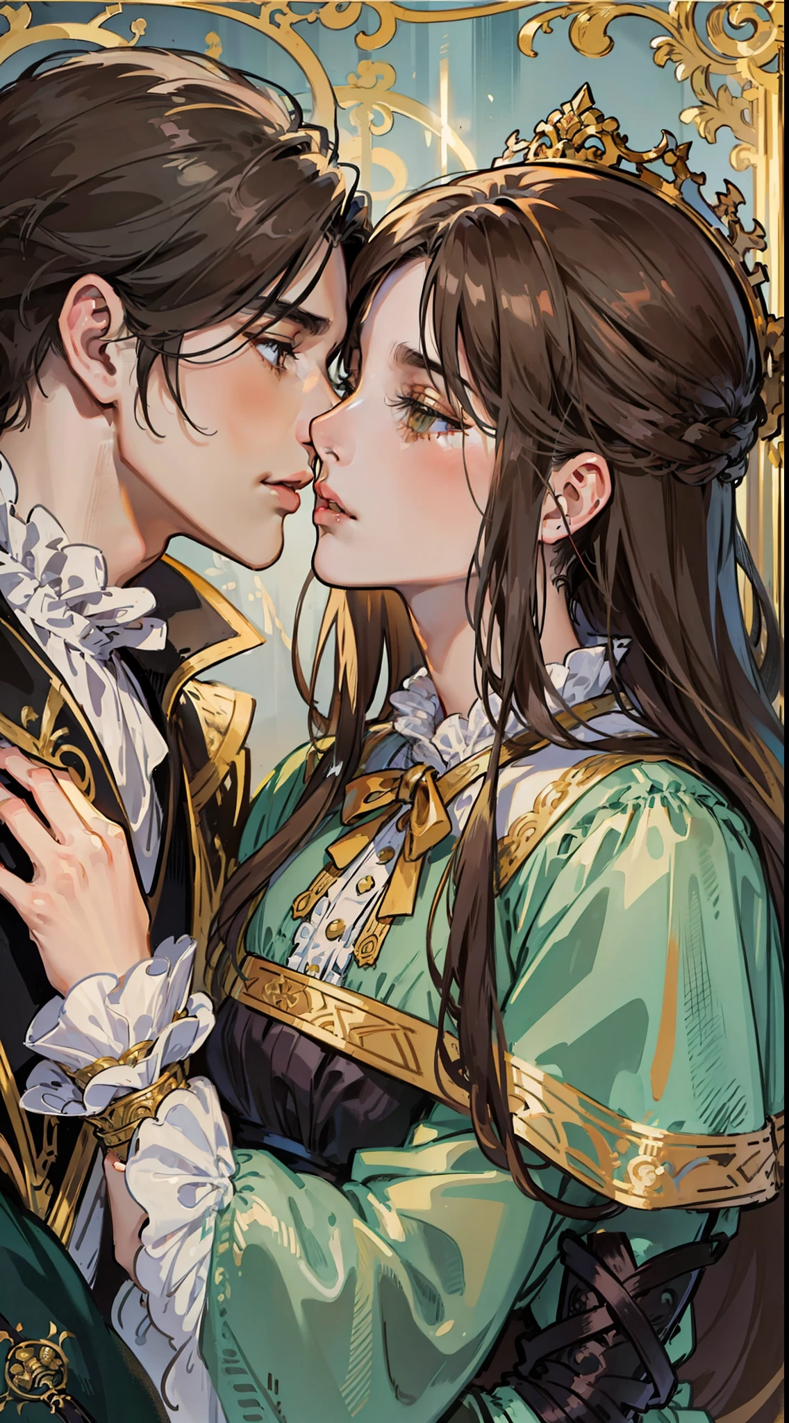 ((masterpieces)), best quality, outstanding illustration, a couple kissing, soft focus, 1 boy with long black hair, 1 girl with long brown hair, Victorian clothes, Victorian romanticism, opulent and exquisite atmosphere, soft light and warm lighting.
