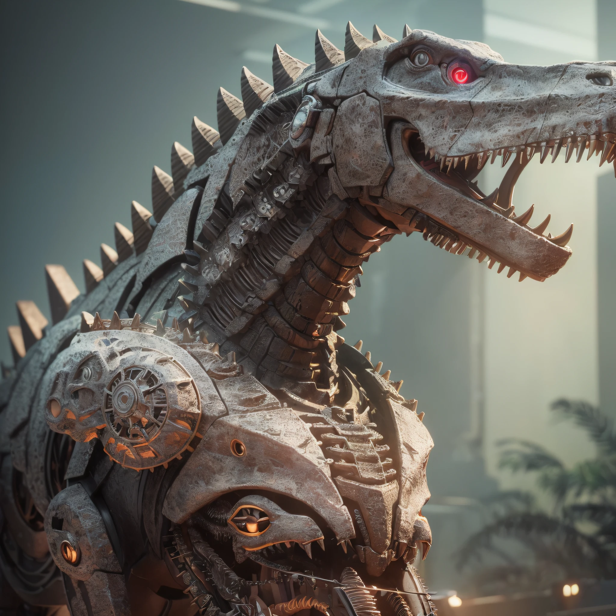 Mechanical tyranosaurus with pistons and gears in the mouth,(((ultra realistic details)), portrait, global lighting, shadows, octane render, 8k, ultra sharp, metal, intricate, detailed ornaments, cool colors, highly intricate details, realistic light, front camera, neon details, mechanical limbs, --auto --s2