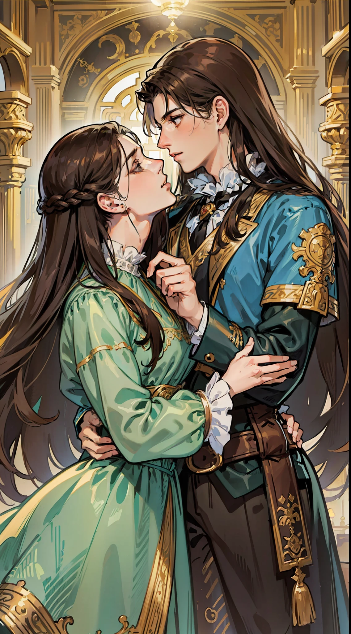 ((masterpieces)), best quality, outstanding illustration, a couple kissing, soft focus, 1 boy with long black hair, 1 girl with long brown hair, Victorian clothes, Victorian romanticism, opulent and exquisite atmosphere, soft light and warm lighting.