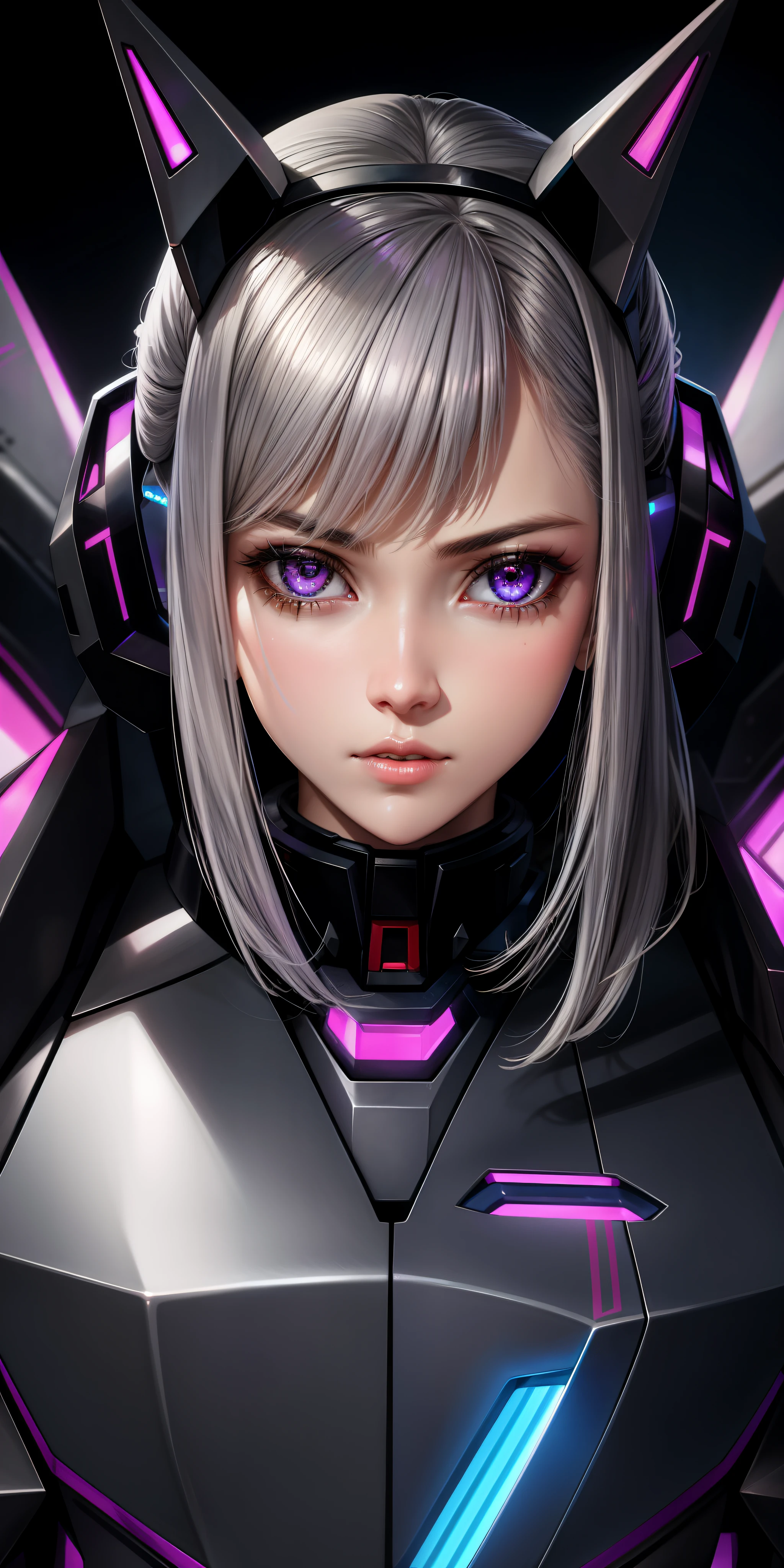 Realistic, girl one, gray hair, purple eyes, shining eyes, mecha suit, gundam, metallic, intricate details, detailed neon, parted lips,