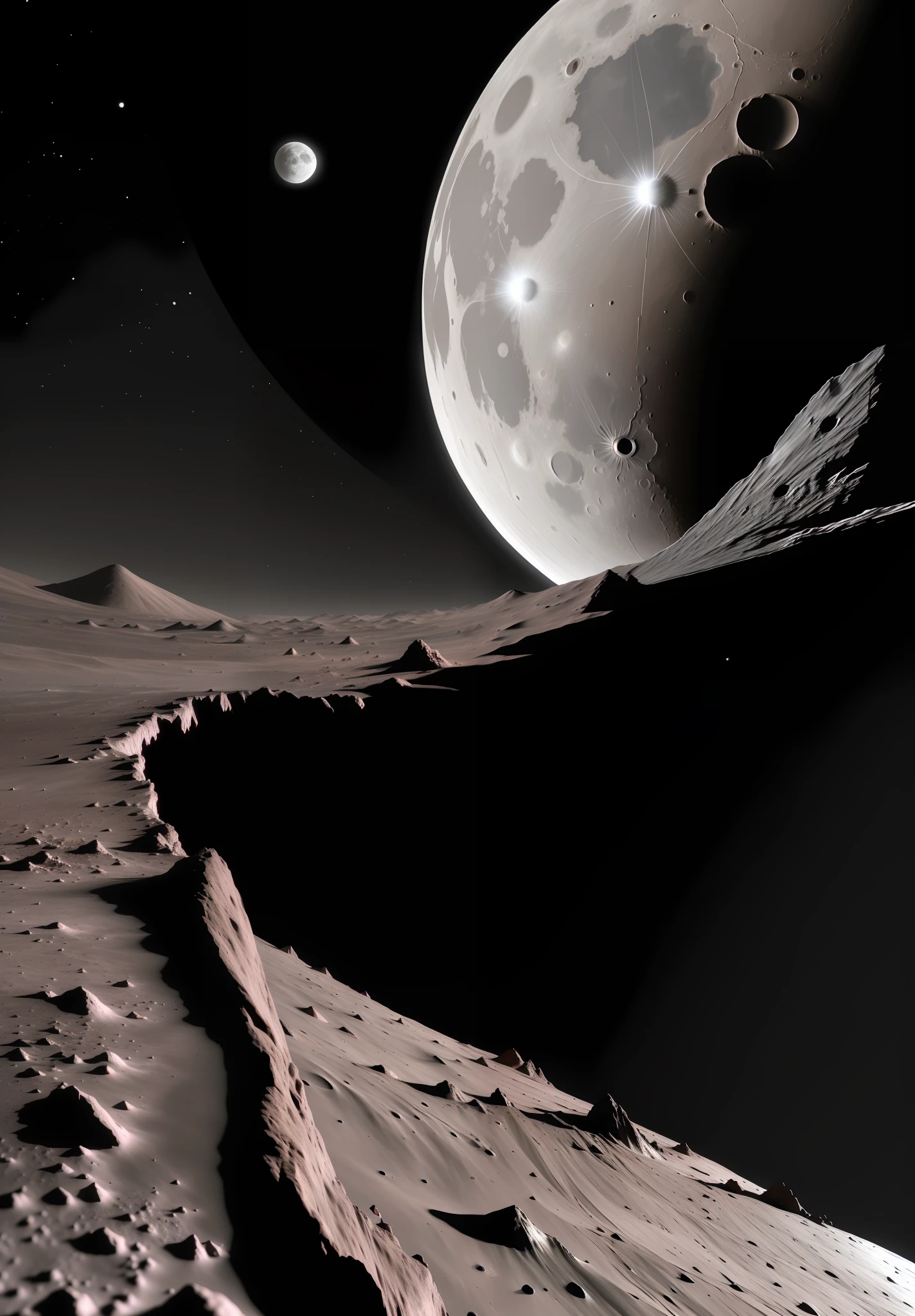 Photo of the moon of Mars with Mars in the background and black space and some stars with some red spots