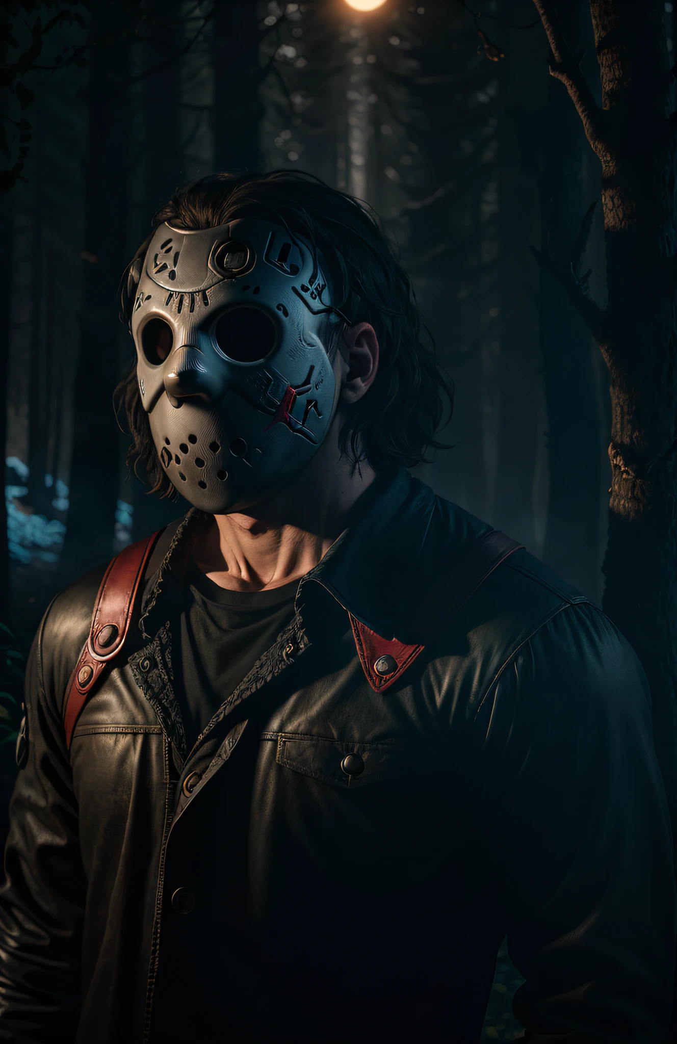 ((Only the fictional character Jason Voorhees from Friday the 13th)), ((night)), ((full moon)), is in a forest hiding behind the trees waiting for his victim ((fog)) masterpiece, highest quality, solo focus, close up, (skimpy:1.04), (red eyes:1.1), full body, high angle, (perfect face:1.1) intricate body (high detail:1.1), eyes up, eyes and face extremely detailed, penetrating look, big eyes, nikon d850 film Stock Photography 4 Kodak Portra 400 camera f1.6 lens rich colors realistic texture hyper realistic dramatic lighting UnrealEngine trend in ArtStation CineStill 800