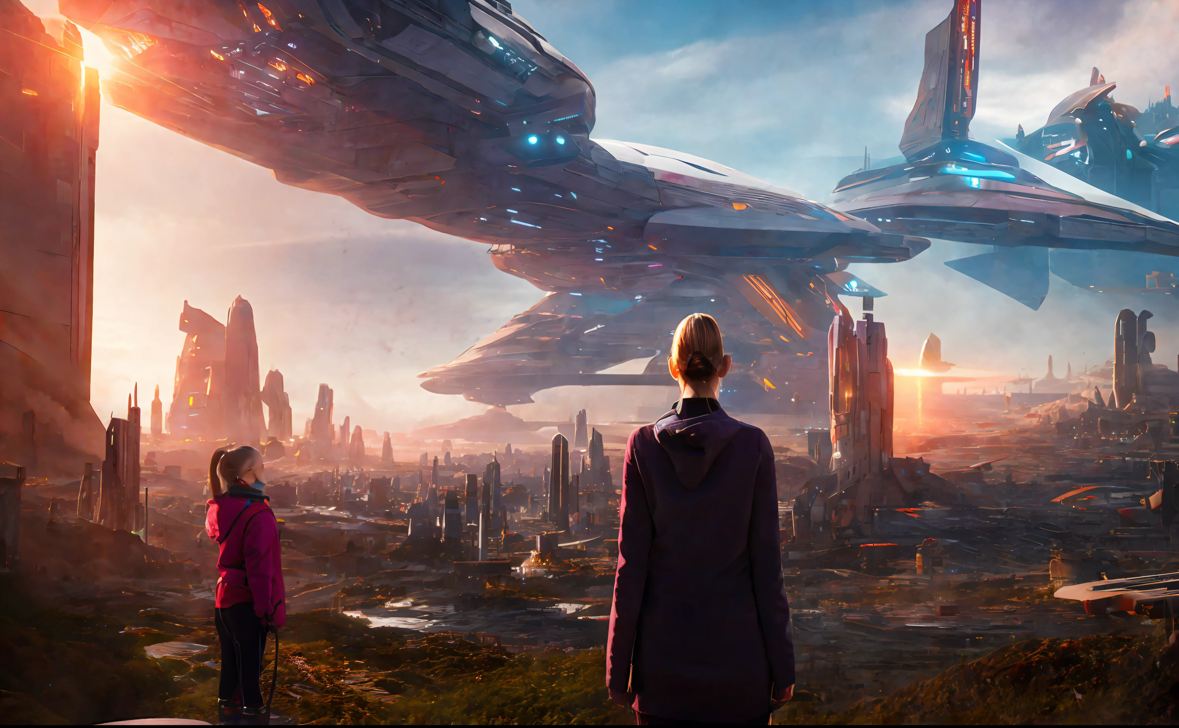 girl in background, futuristic sci-fi city landscape, sci-fi, ultra-realistic, high resolution, city