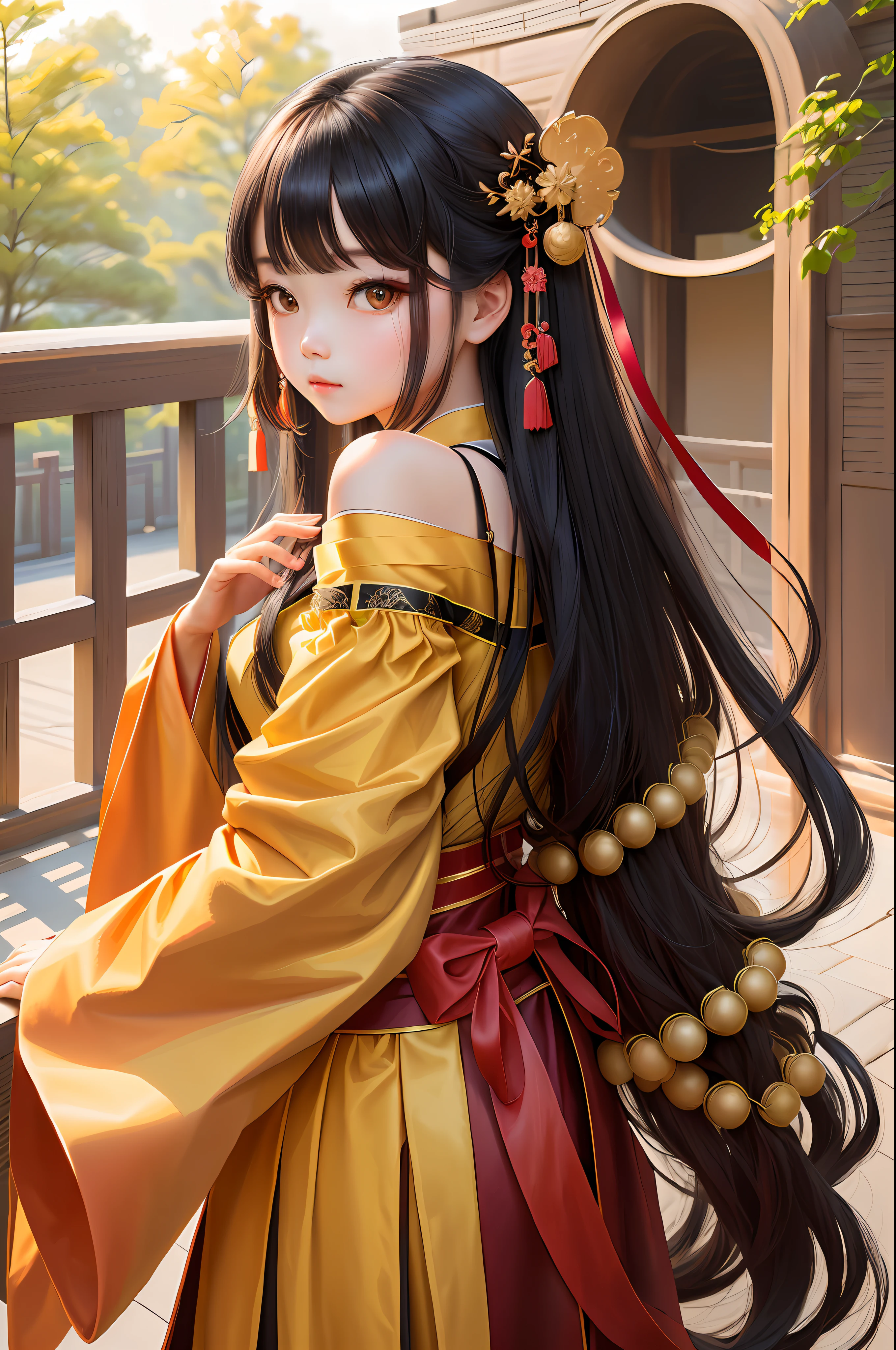"Q version cute girl, long black hair off-the-shoulder Hanfu skirt, kawaii cute, face the camera, pure girl, Chinese style Hanfu style"