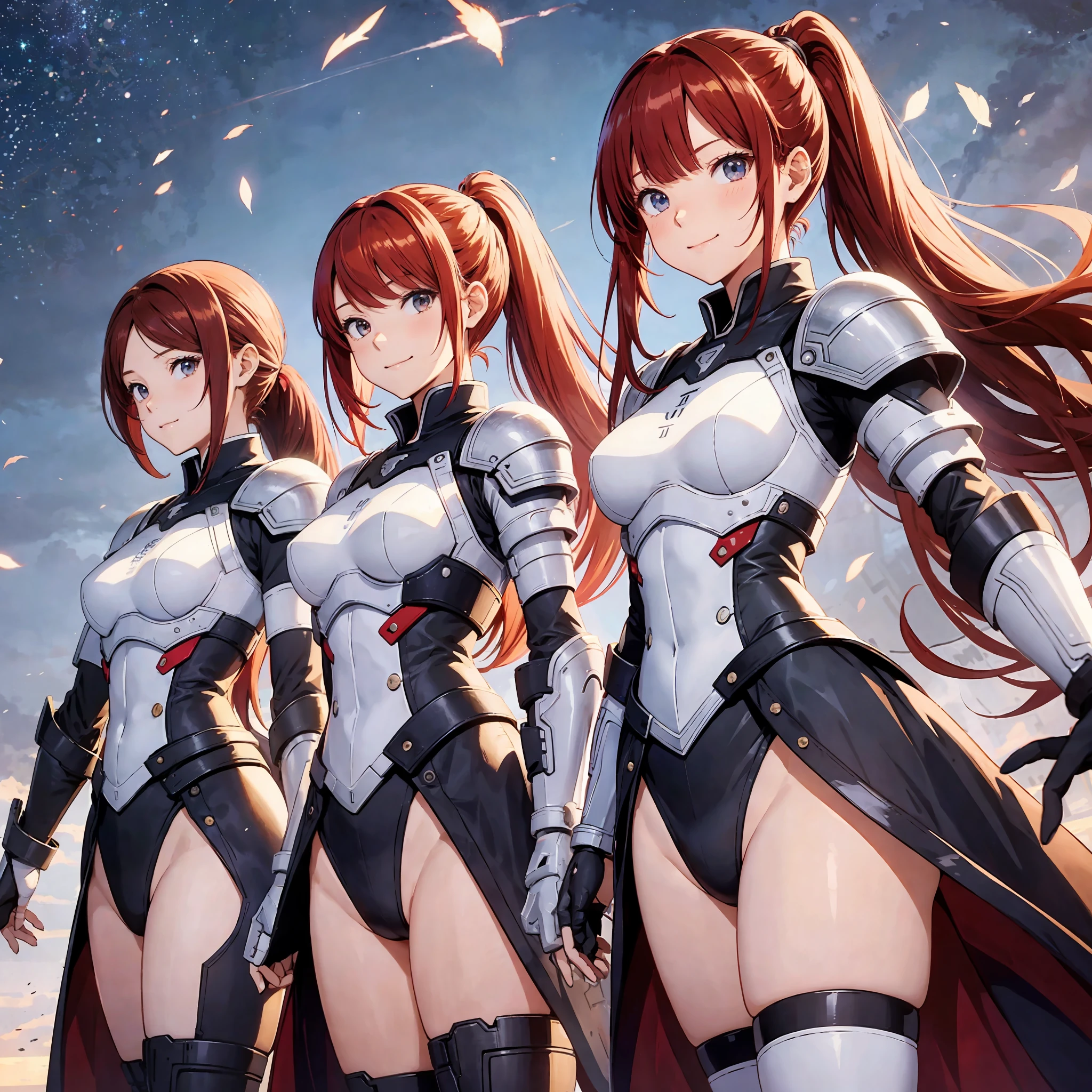 perfect anime illustration, multiple girls, thousands of girls, millions of girls, clones, identical sisters, red hair, ponytail, matching hairstyle, hazel eyes, smiling, white skin, matching outfits, uniforms, armor, highres, full body, bare legs, neat rows of sisters, neat columns of sisters, sisters standing in formation, sisters in background