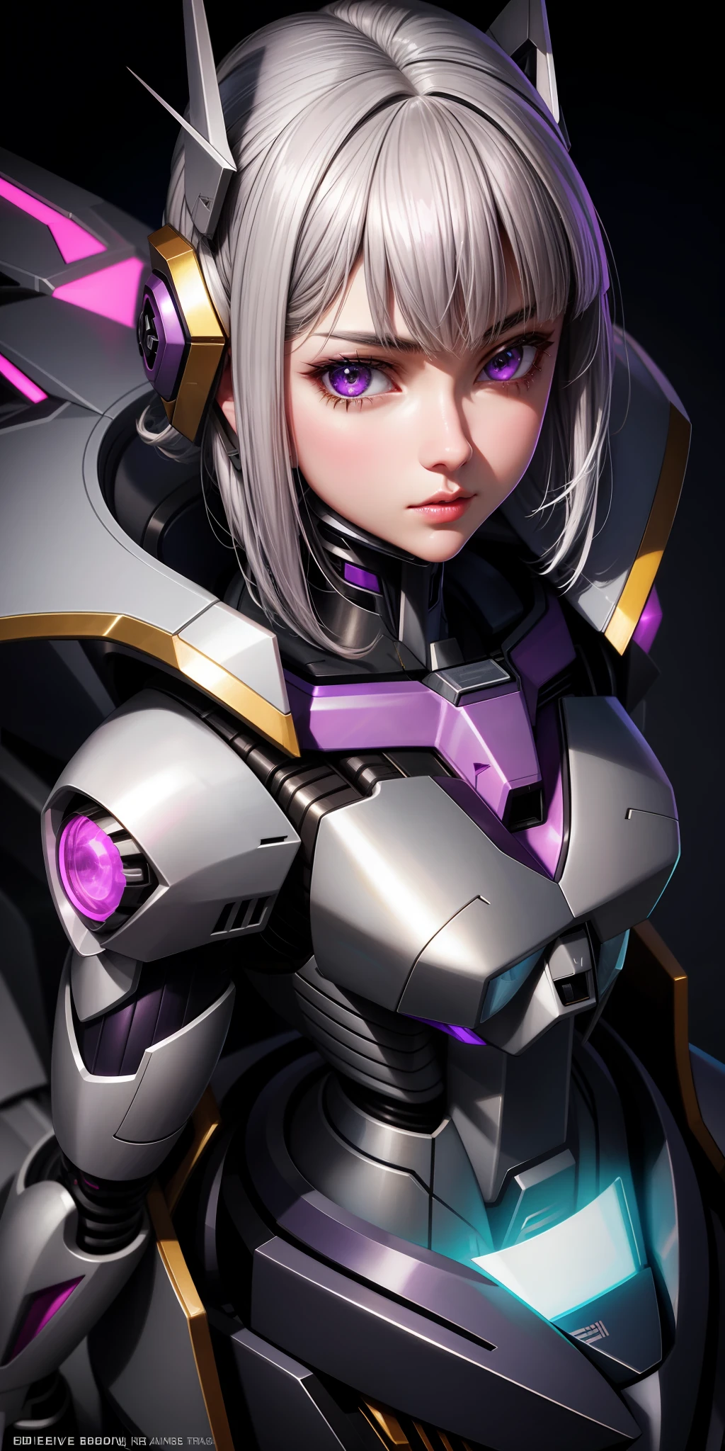 Realistic, girl one, gray hair, purple eyes, shining eyes, mecha suit, gundam, metallic, intricate details, detailed neon, parted lips,