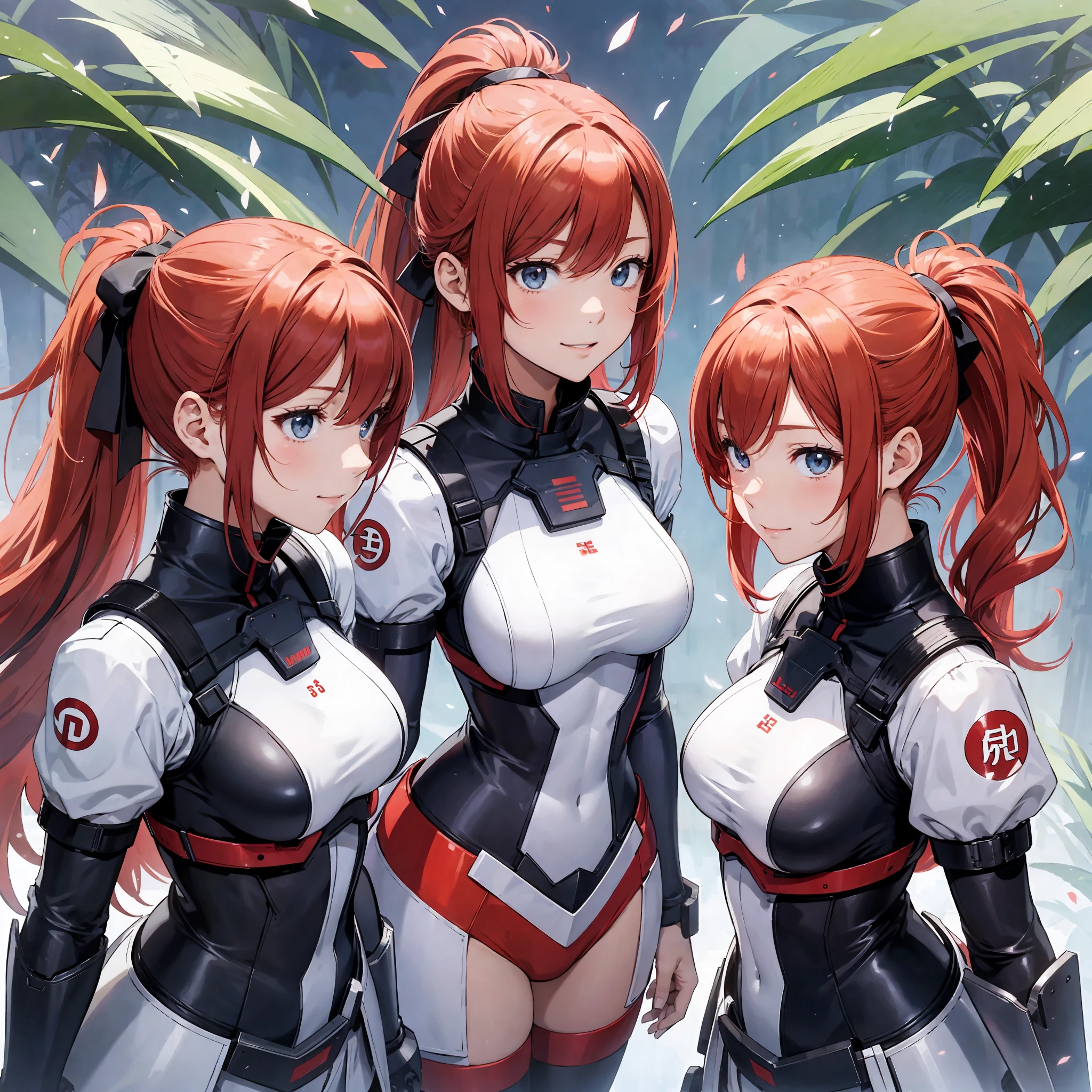 perfect anime illustration, multiple girls, thousands of girls, millions of girls, clones, identical sisters, red hair, ponytail, matching hairstyle, hazel eyes, smiling, white skin, matching outfits, uniforms, armor, highres, full body, bare legs, neat rows of sisters, neat columns of sisters, sisters standing in formation, sisters in background