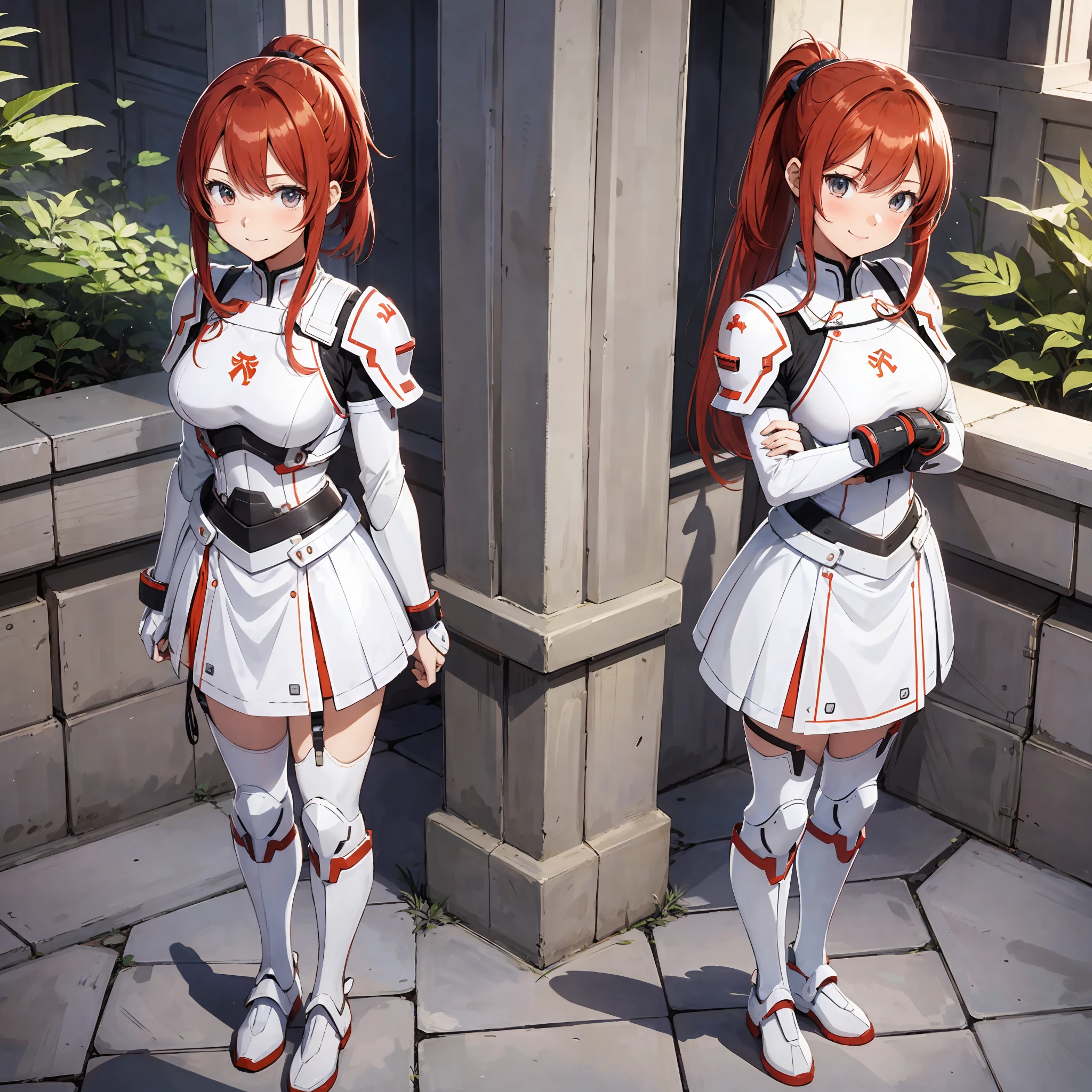 perfect anime illustration, multiple girls, thousands of girls, millions of girls, clones, identical sisters, red hair, ponytail, matching hairstyle, hazel eyes, smiling, white skin, matching outfits, uniforms, armor, highres, full body, bare legs, neat rows of sisters, neat columns of sisters, sisters standing in formation, sisters in background