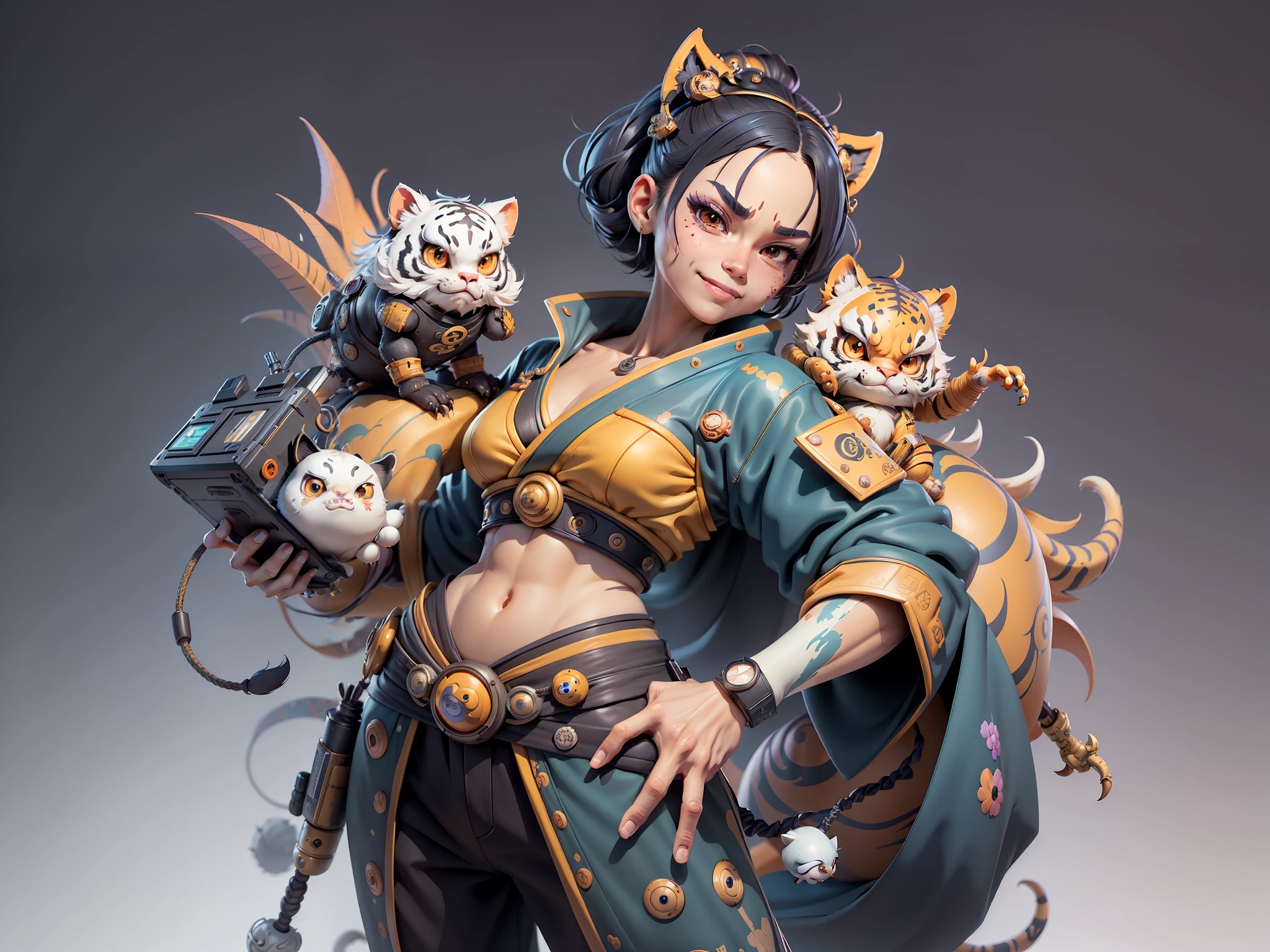 (Masterpiece), (Extreme Quality), (Super Meticulous), (Full Body: 1.2), Super Young Woman, Japanese Female Geisha, Beauty, Chinese Dragon, Tiger, Fengshen Thor, Sexy, Bursting, Oriental Face, TV Anchor, Bust Portrait Illustration, Alone, Black Suit, Blue Tie, Slightly Chubby, Very Clean Face, No Beard, Black Super Short Hair, Black Eyes, Confident Smile, 3c Computer Sub-Products, iPad, iPhone, Digital Painting, 3D character design by Mark Clairedon and Pixar and Hayao Miyazaki and Akira Toriyama, the illustrations are HD illustrations in 4K resolution with highly detailed facial features and cartoon-style visuals.