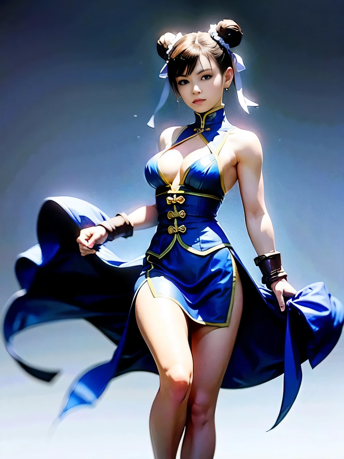 (masterpiece:1.2, best quality), (real picture, intricate details), (1lady, solo), simple background, standing on one leg,
((chunli_alpha)), street fighter, ((double bun)),twin strands, looking at viewer, full body,, arms behind back,