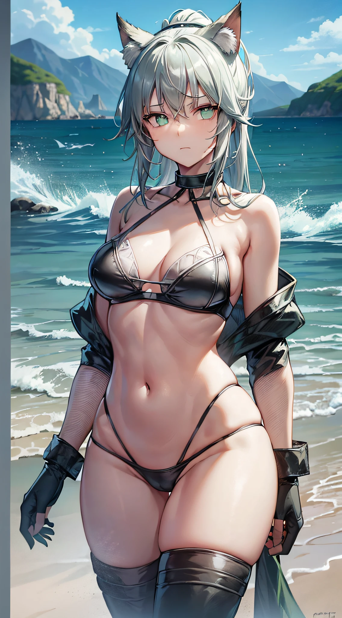 Movie angle, depth of field, (viewing viewer), (front right: 1), (standing photo: 1), cat eared girl, (solo),silver hair,(white skin:1), (curvaceous:1.2), (wide hips:1.1), girl with cat ears, (beautiful beach background), (coast background: 1.4), (coast background: 1.4), (green clothes), (bare shoulders, green micro bikini), ( Green T-back panties: 1.2), (green glove armor: 1.2), sharp claws, detailed horns, green choker, green thigh-high boots, (ponytail, hairs between the eyes), (silver-haired), green eyes), (flat chest: 1.2), expressionless, stunned, sleepy, wakame