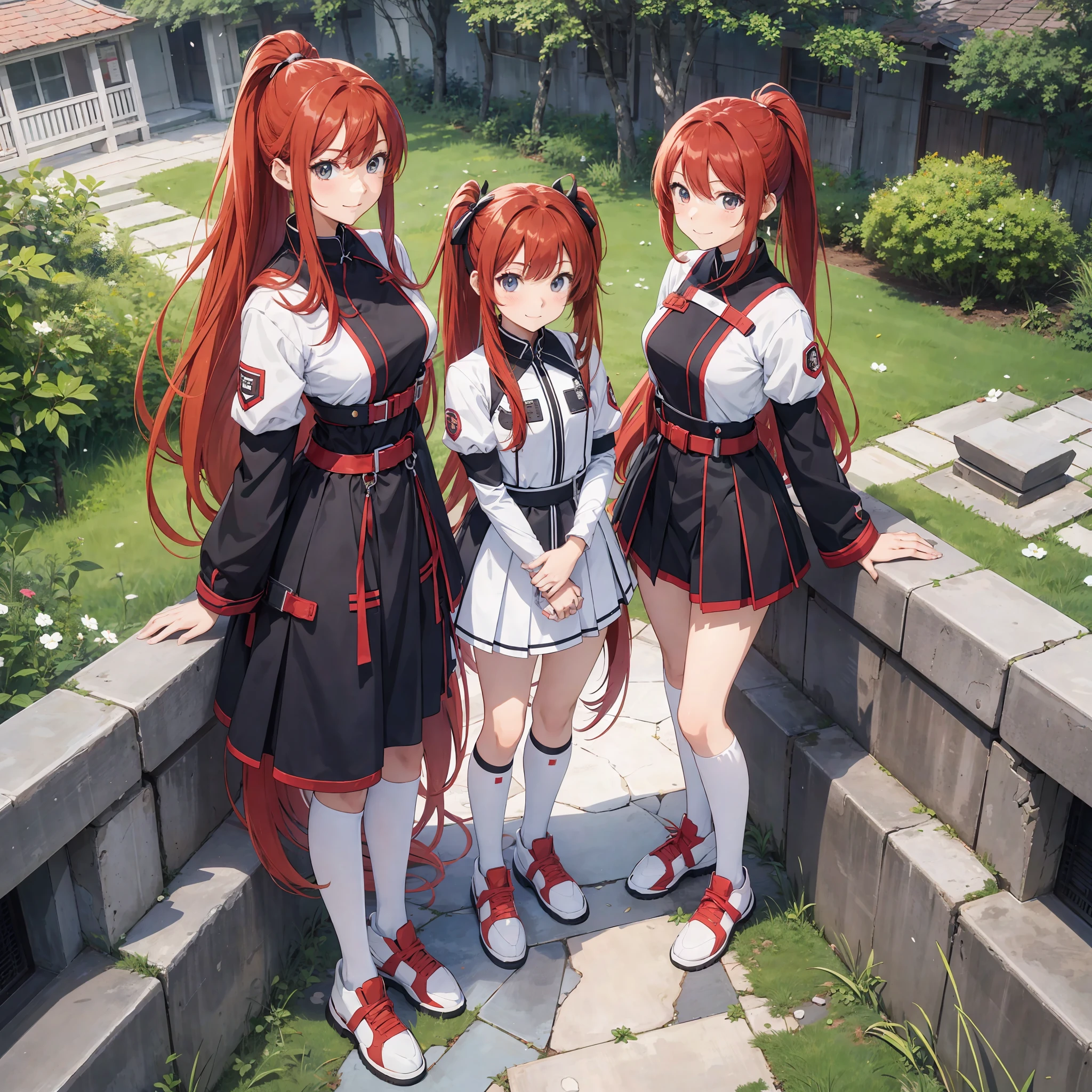 perfect anime illustration, multiple girls, thousands of girls, millions of girls, clones, identical sisters, red hair, ponytail, matching hairstyle, hazel eyes, smiling, white skin, matching outfits, uniforms, highres, full body, bare legs, neat rows of sisters, neat columns of sisters, sisters standing in formation, sisters in background