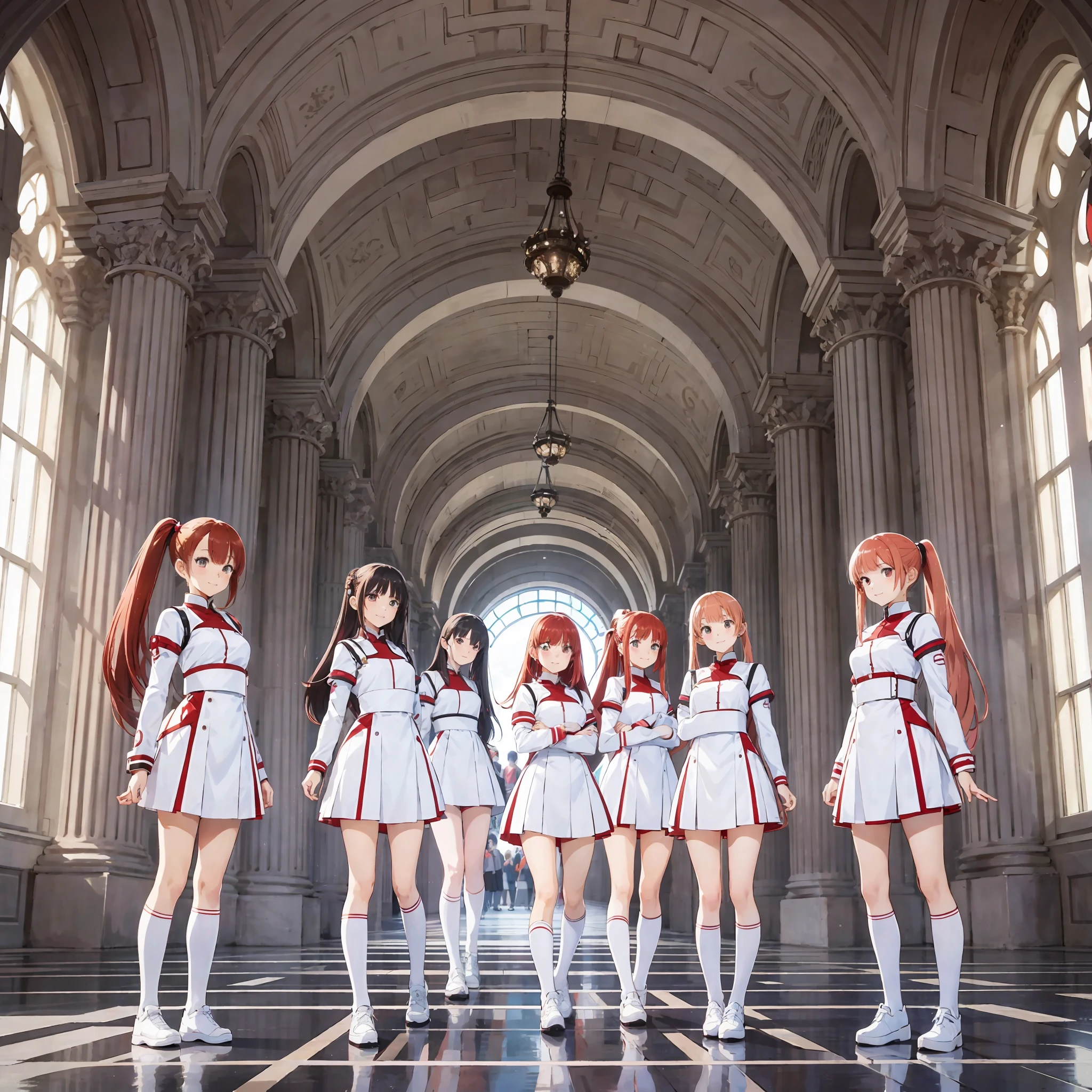perfect anime illustration, multiple girls, thousands of girls, millions of girls, clones, identical sisters, red hair, ponytail, matching hairstyle, hazel eyes, smiling, white skin, matching outfits, uniforms, highres, full body, bare legs, neat rows of sisters, neat columns of sisters, sisters standing in formation, sisters in background