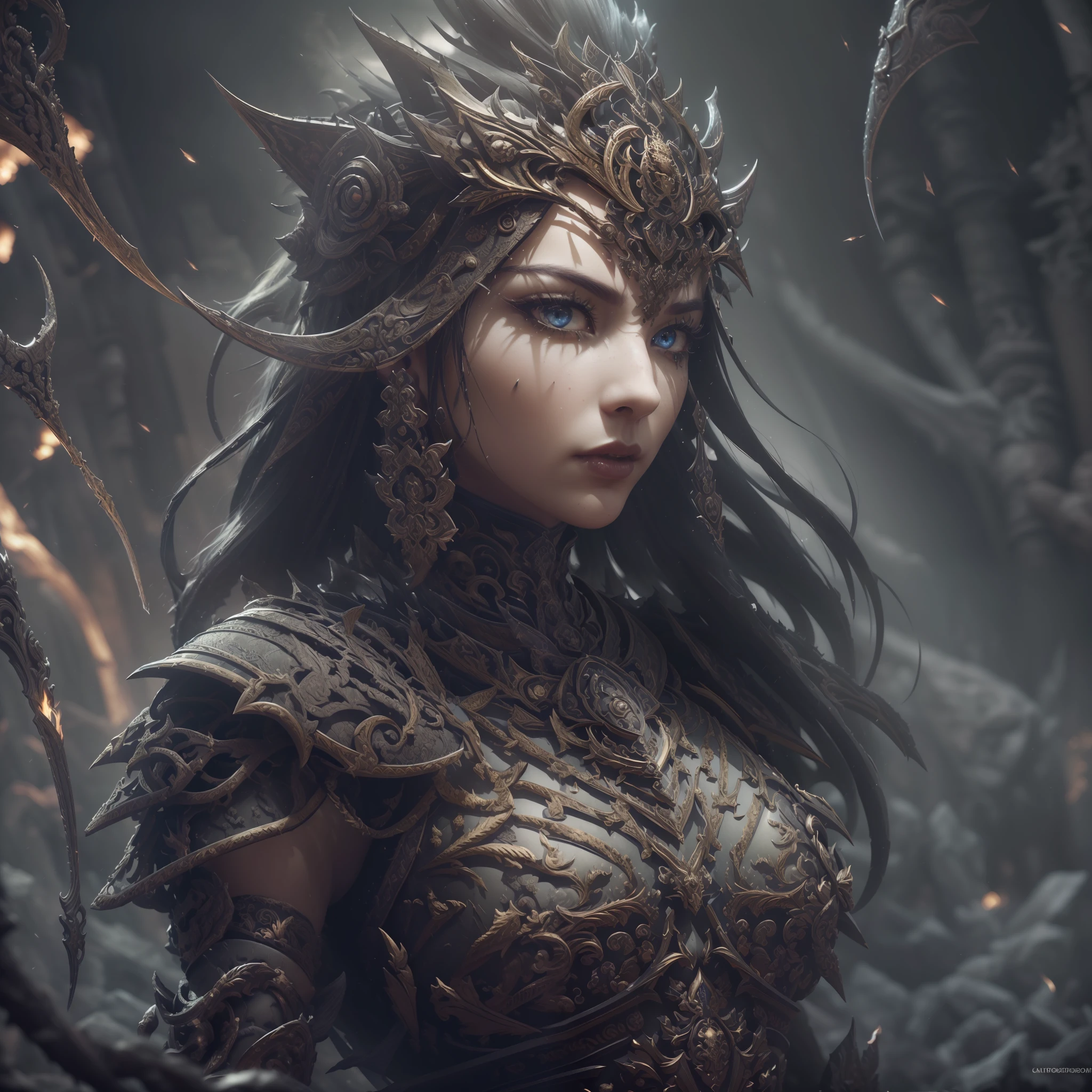 (Dark Fantasy:1.2), (Masterpiece, Epic Quality, Epic Realism, Ultra Resolution, 8K Photo Unity, Epic Detail: 1.1), Threat, Dark Elf, (Intricate Details, Dynamic Angle, Most Beautiful Form of Chaos, Night, Ashes, Sparks, Rim Lighting, Soft Lighting, (Professional Photography, Photorealism, Hyperrealism), Ray Tracing, HDR --auto --s2