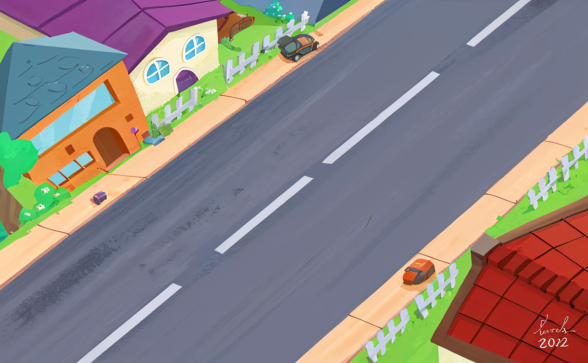 cartoon illustration of a road with houses and a red barn, abandoned city, dark colors, full of garbage by the streets, game illustration, detailed 2d illustration, 2d matte illustration, houses and roads, suburban street, city street view background, street top view, clean streets, mobile game background, random background scene, street background, funny illustration, 2d illustration, 2d illustration, stylized digital illustration